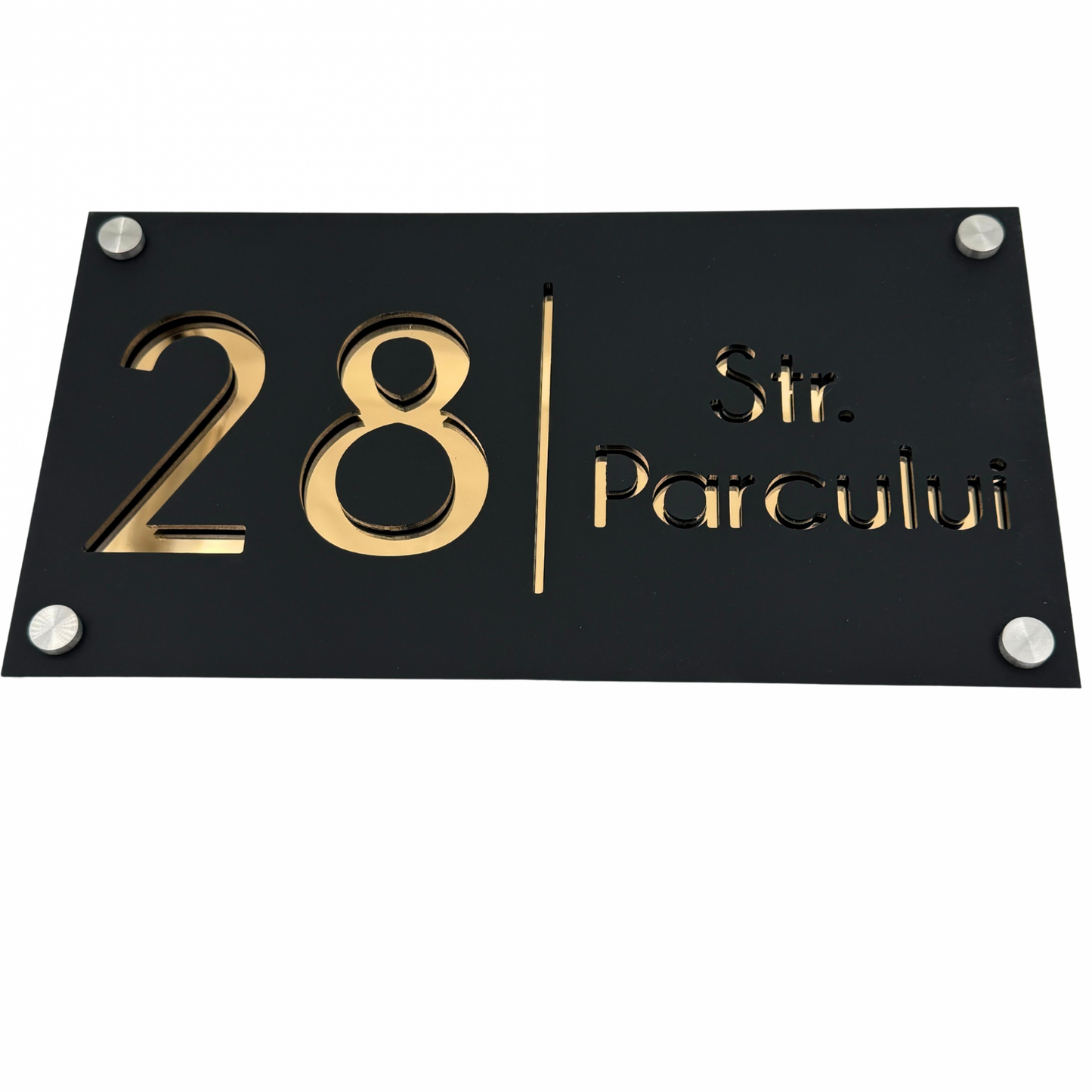PREMIUM HOUSE NUMBER - Satin Black Gold Mirror 4 Spacers Silver - 28×15 cm