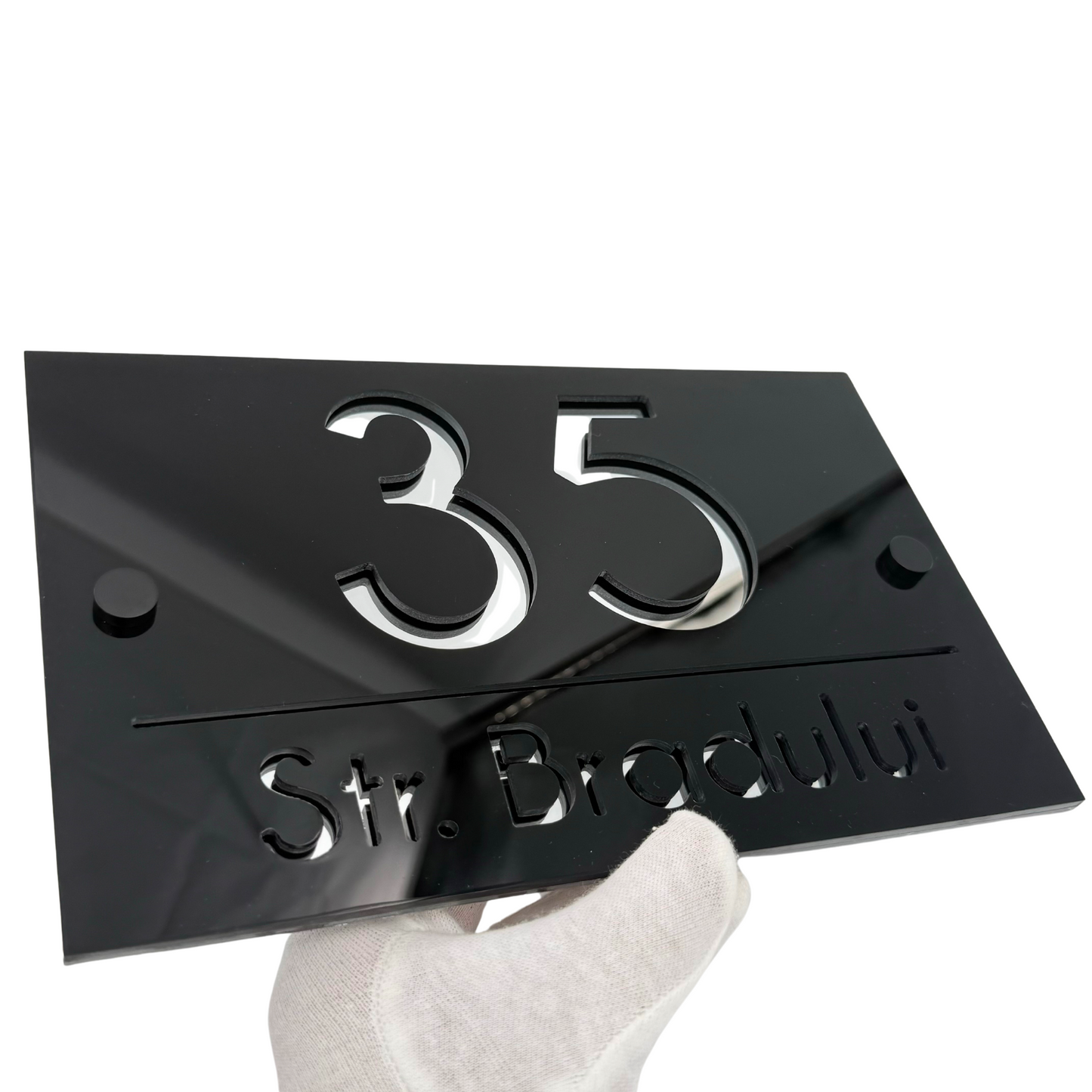 PREMIUM HOUSE NUMBER - Glossy Black Silver Mirror 2 Spacers NeGreyi - 24×15 cm