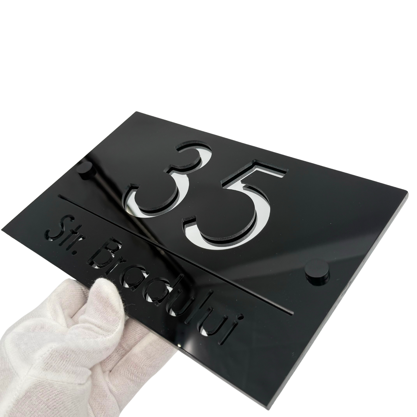 PREMIUM HOUSE NUMBER - Glossy Black Silver Mirror 2 Spacers NeGreyi - 24×15 cm