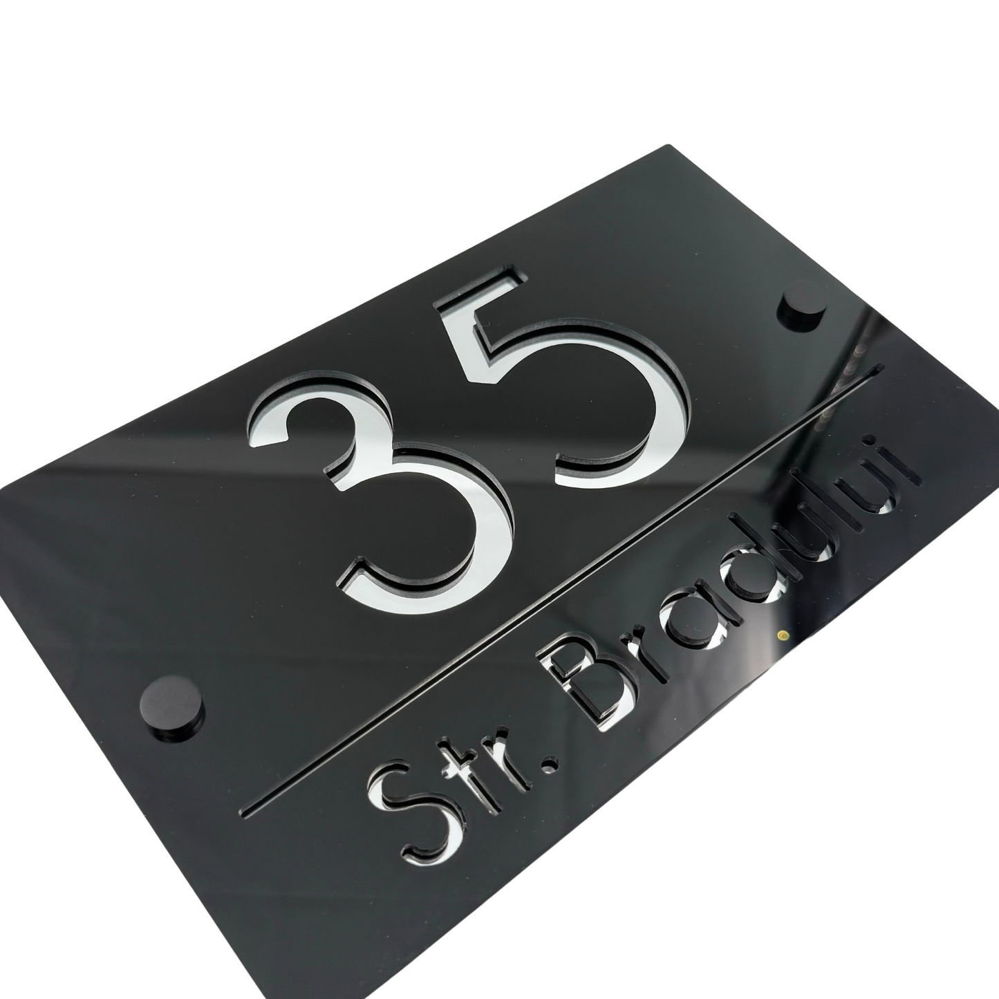 PREMIUM HOUSE NUMBER - Glossy Black Silver Mirror 2 Spacers NeGreyi - 24×15 cm