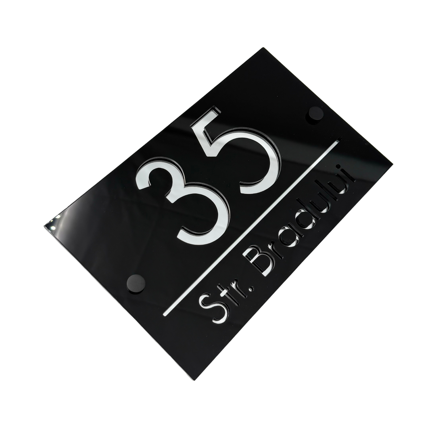 PREMIUM HOUSE NUMBER - Glossy Black Silver Mirror 2 Spacers NeGreyi - 24×15 cm