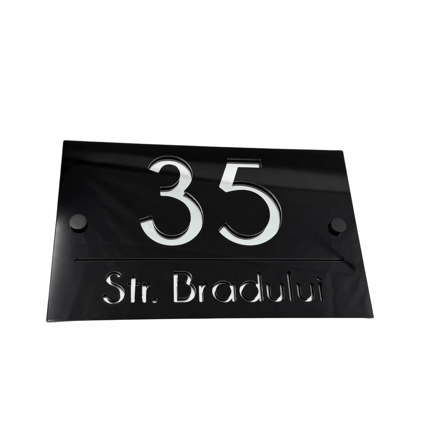 PREMIUM HOUSE NUMBER - Glossy Black Silver Mirror 2 Spacers NeGreyi - 24×15 cm