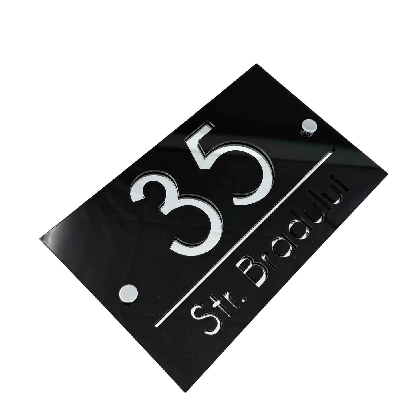 PREMIUM HOUSE NUMBER - Glossy Black Silver Mirror 2 Spacers Silver - 24×15 cm
