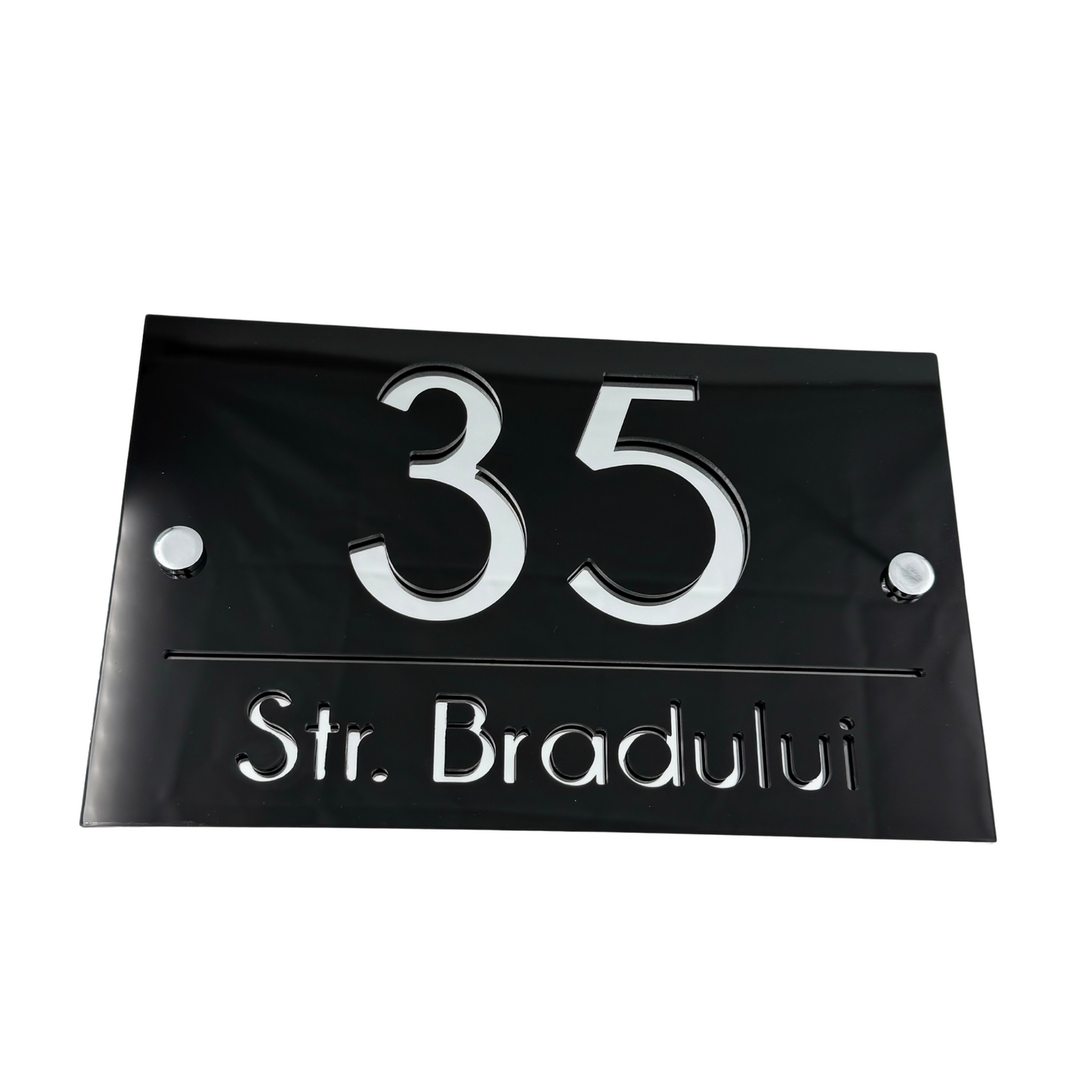 PREMIUM HOUSE NUMBER - Glossy Black Silver Mirror 2 Spacers Silver - 24×15 cm