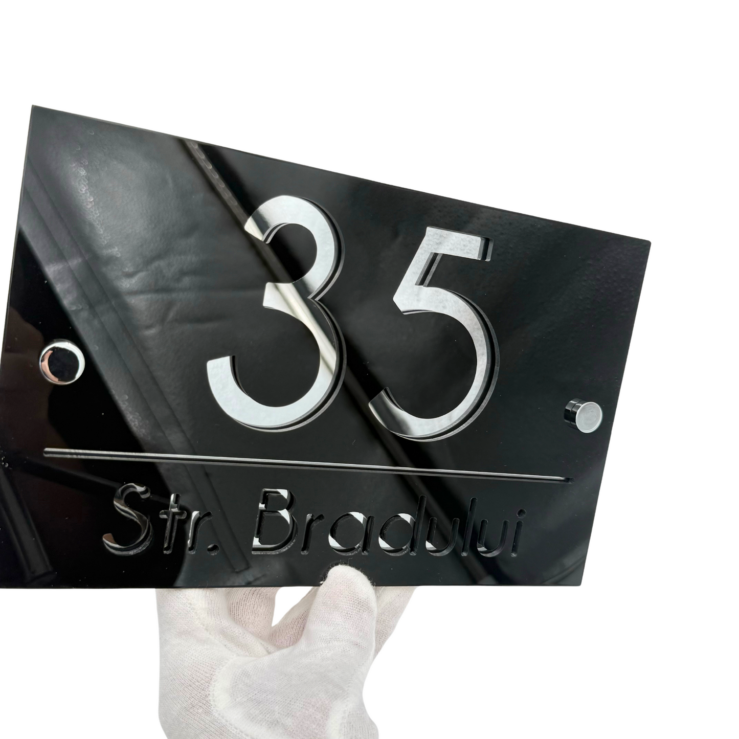 PREMIUM HOUSE NUMBER - Glossy Black Silver Mirror 2 Spacers Silver - 24×15 cm