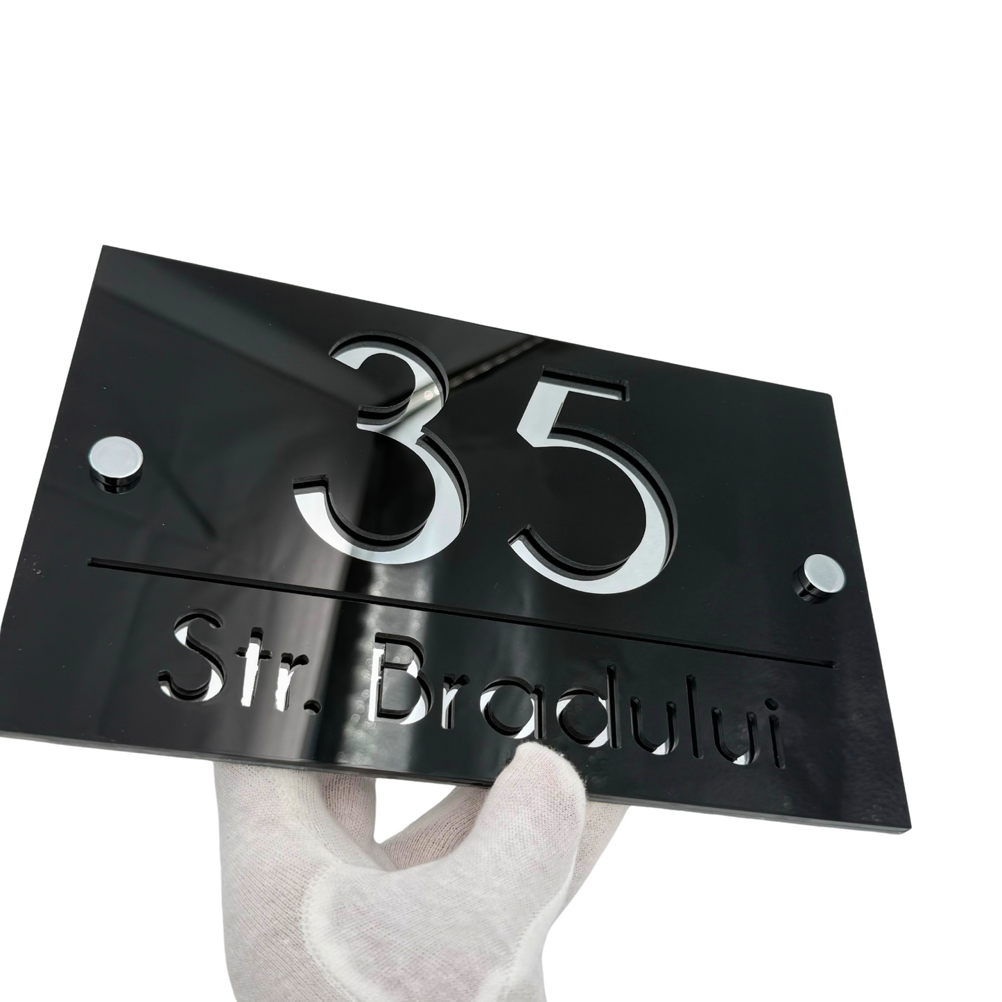 PREMIUM HOUSE NUMBER - Glossy Black Silver Mirror 2 Spacers Silver - 24×15 cm