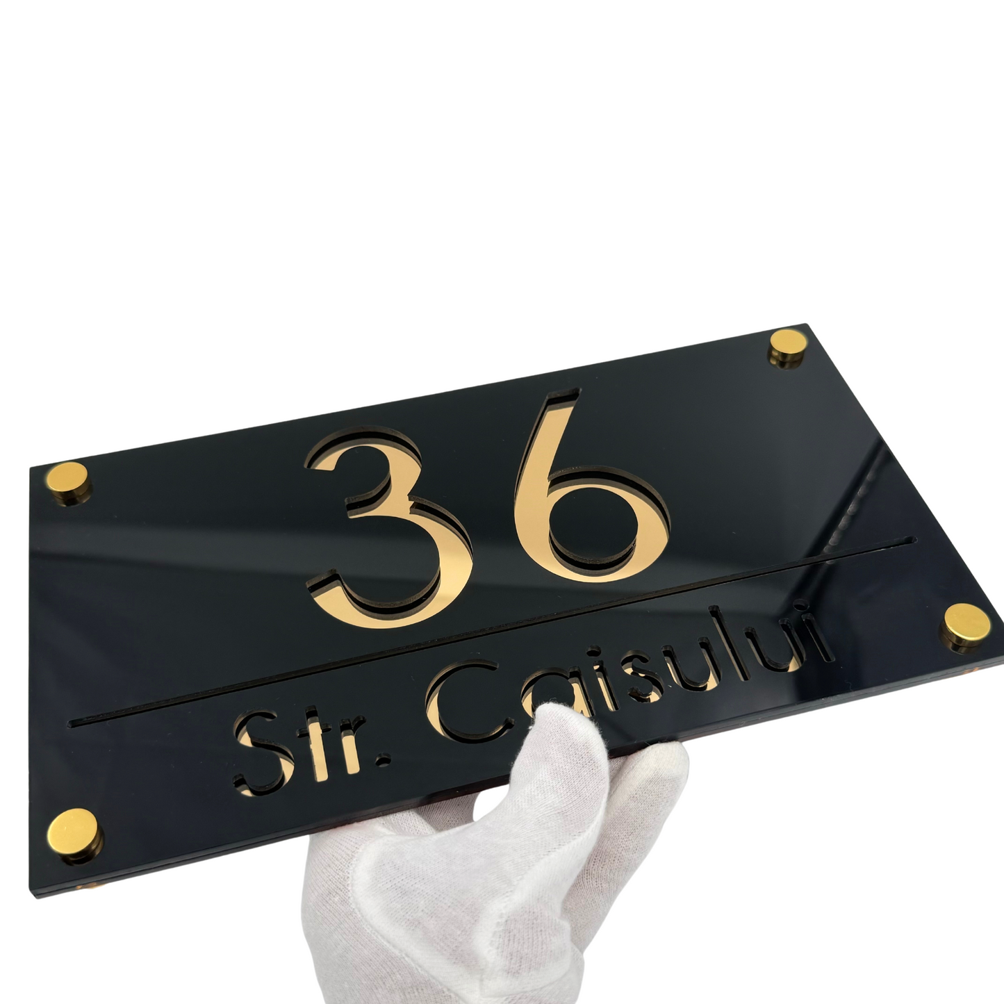 PREMIUM HOUSE NUMBER - Glossy Black Gold Mirror 4 Spacers Gold - 28×15 cm