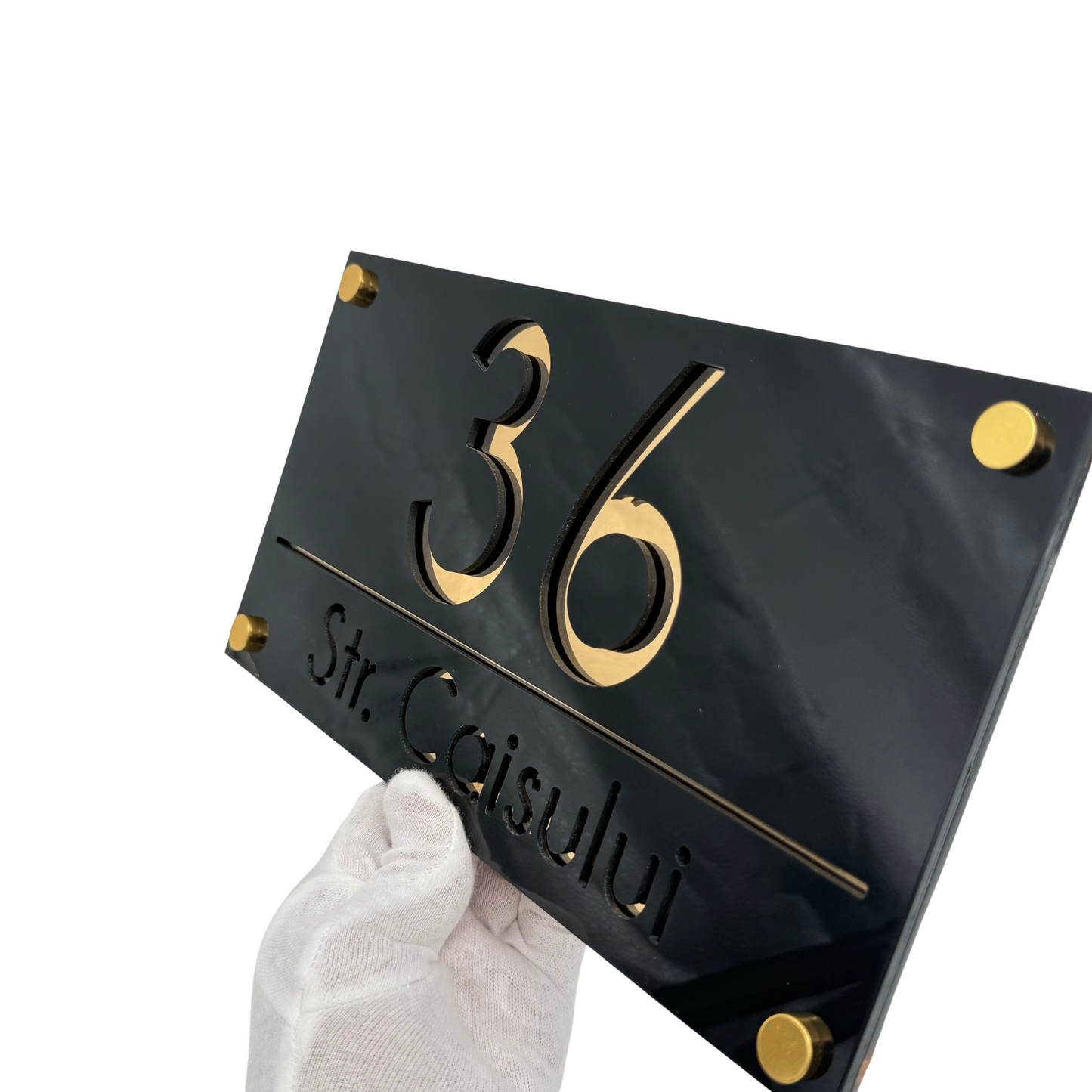 PREMIUM HOUSE NUMBER - Glossy Black Gold Mirror 4 Spacers Gold - 28×15 cm
