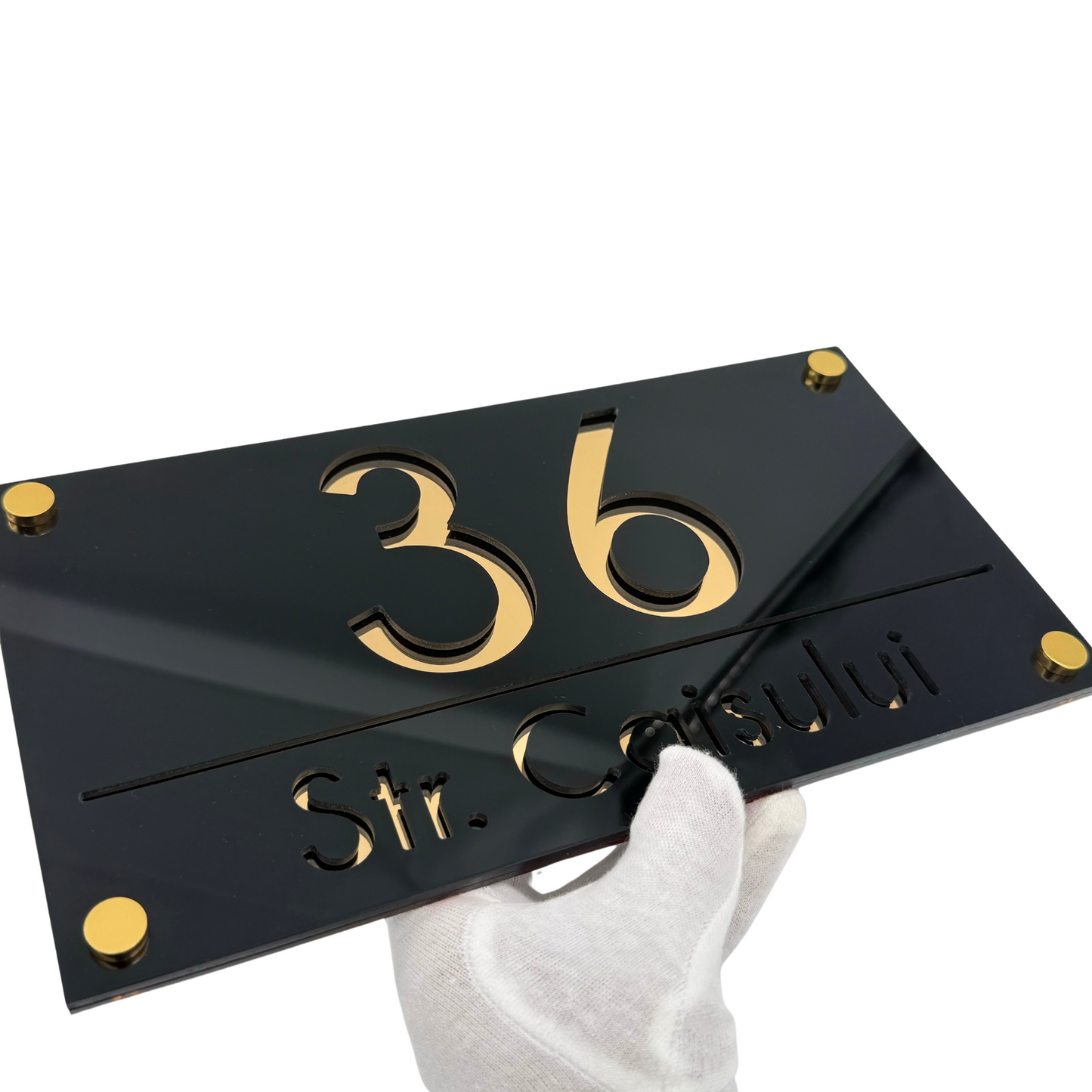 PREMIUM HOUSE NUMBER - Glossy Black Gold Mirror 4 Spacers Gold - 28×15 cm