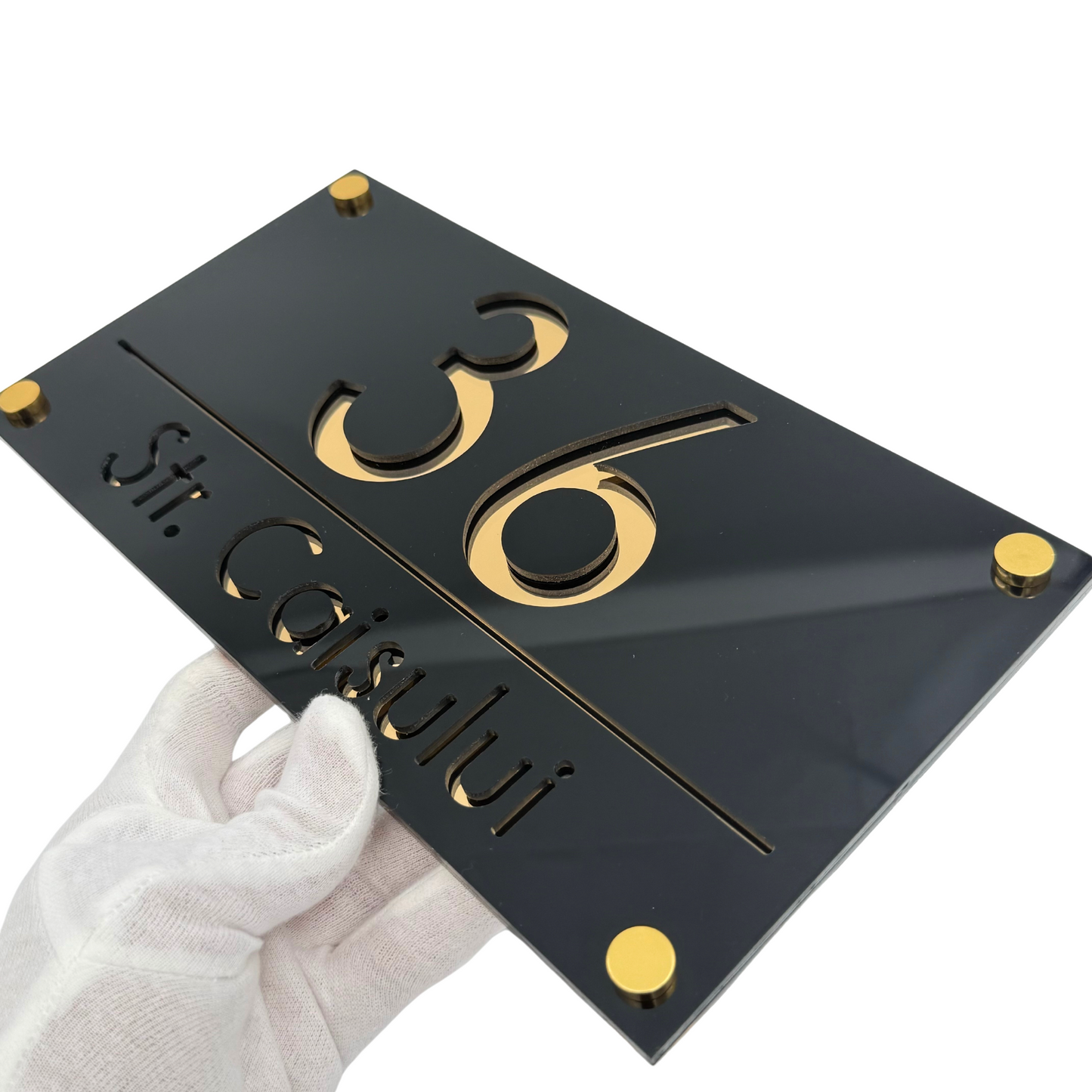 PREMIUM HOUSE NUMBER - Glossy Black Gold Mirror 4 Spacers Gold - 28×15 cm