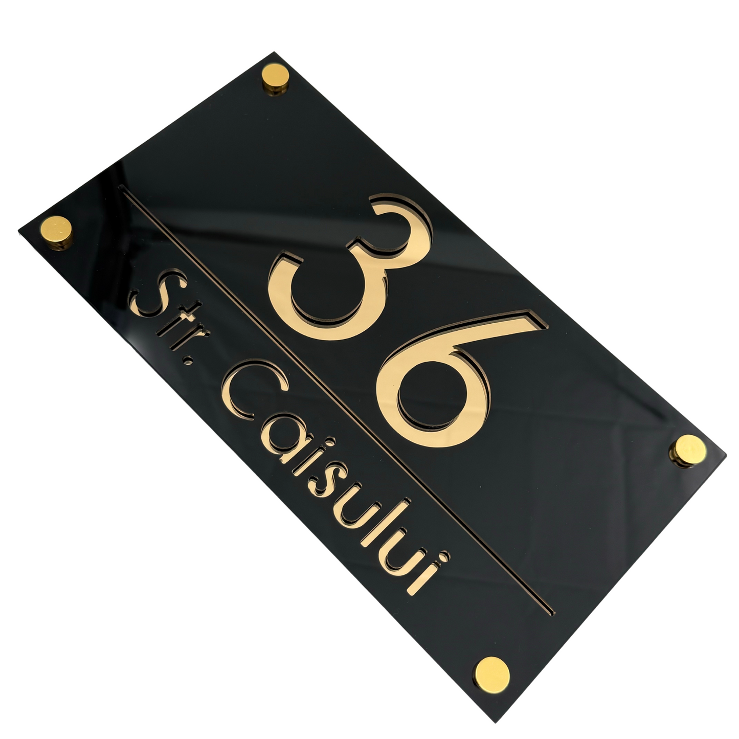 PREMIUM HOUSE NUMBER - Glossy Black Gold Mirror 4 Spacers Gold - 28×15 cm