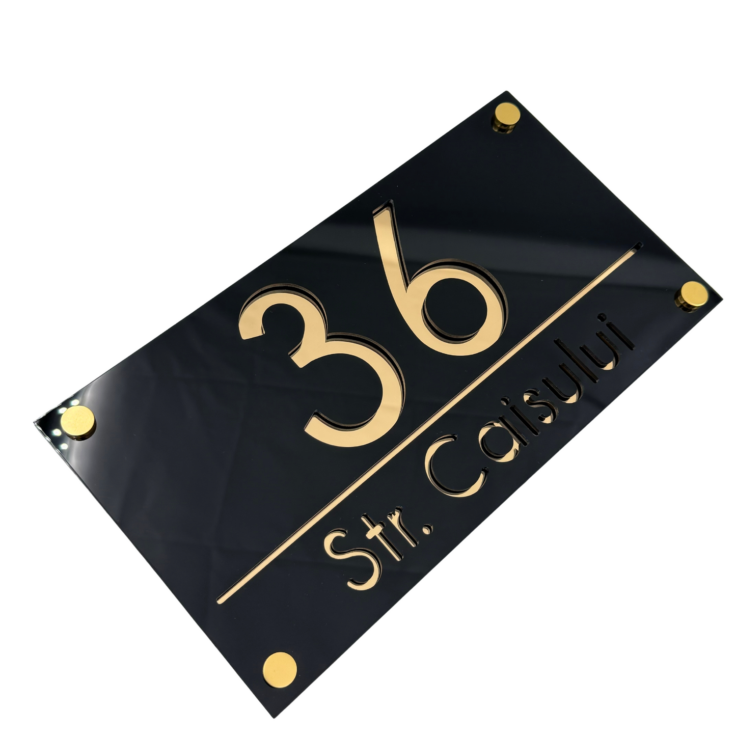PREMIUM HOUSE NUMBER - Glossy Black Gold Mirror 4 Spacers Gold - 28×15 cm