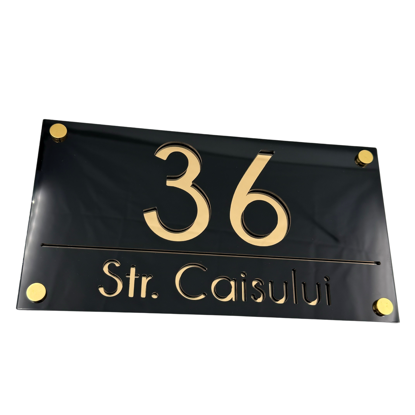 PREMIUM HOUSE NUMBER - Glossy Black Gold Mirror 4 Spacers Gold - 28×15 cm