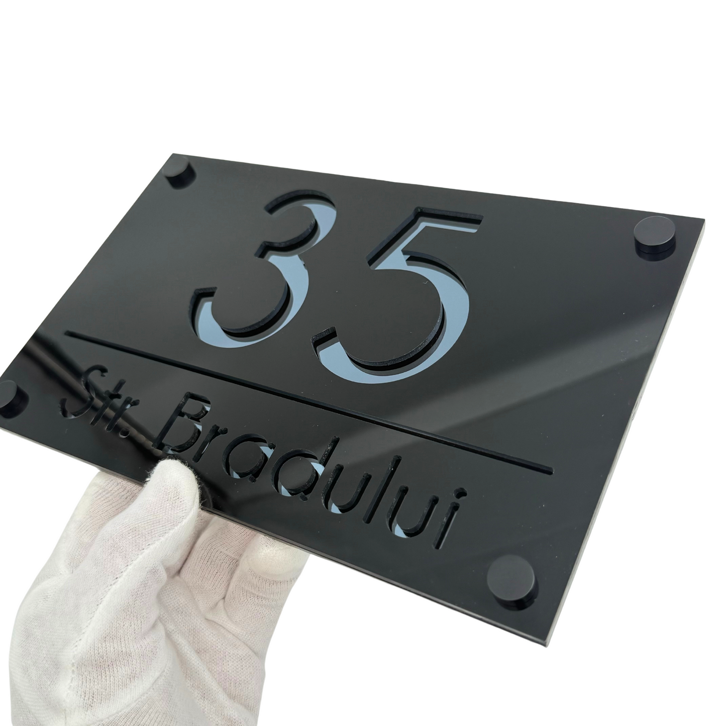 PREMIUM HOUSE NUMBER - Glossy Black Anthracite Grey Mirror 4 Spacers NeGreyi - 24×15 cm