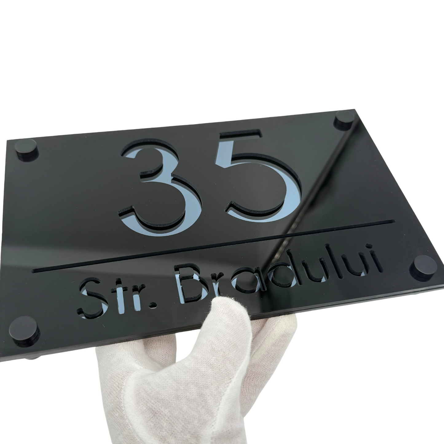 PREMIUM HOUSE NUMBER - Glossy Black Anthracite Grey Mirror 4 Spacers NeGreyi - 24×15 cm