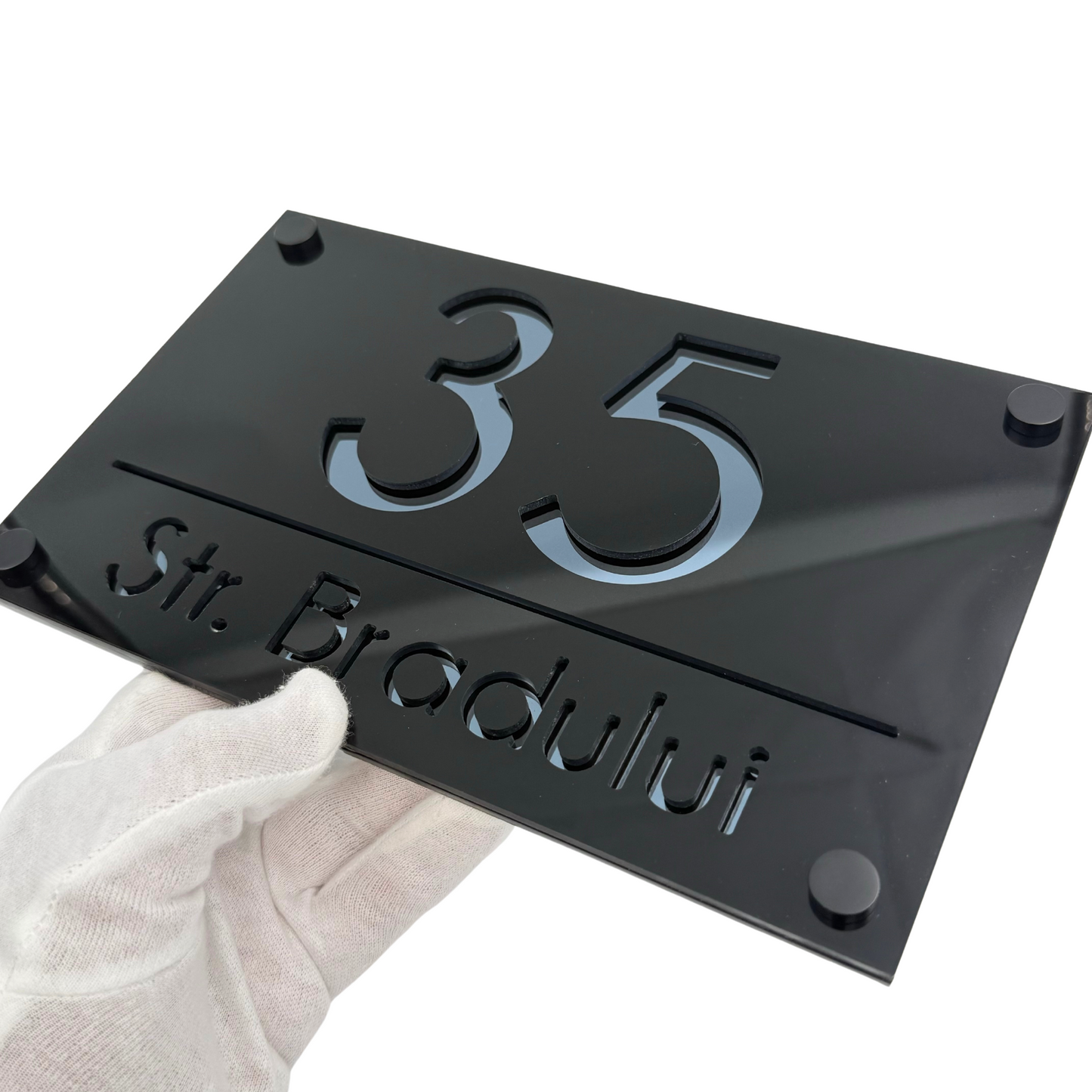 PREMIUM HOUSE NUMBER - Glossy Black Anthracite Grey Mirror 4 Spacers NeGreyi - 24×15 cm
