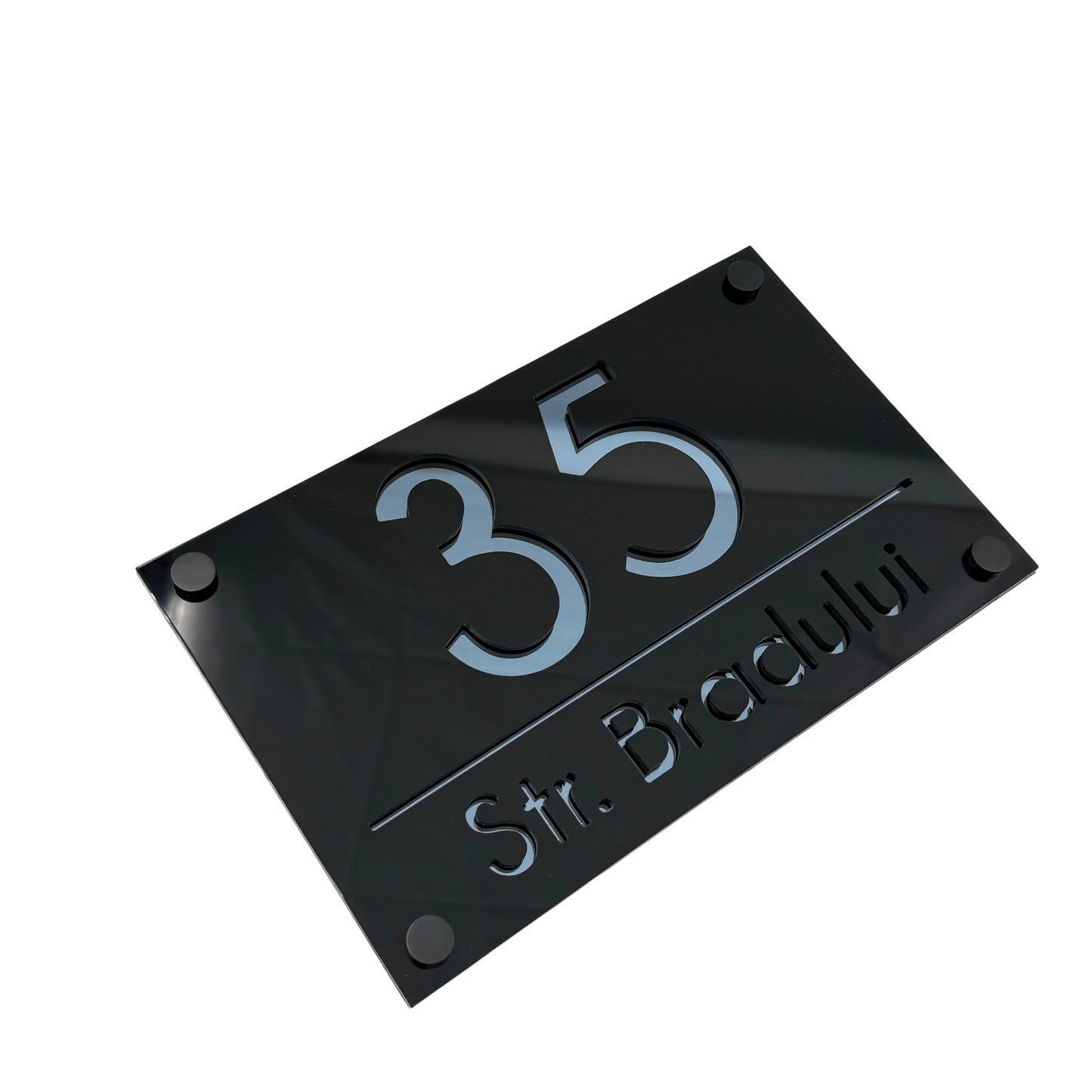 PREMIUM HOUSE NUMBER - Glossy Black Anthracite Grey Mirror 4 Spacers NeGreyi - 24×15 cm