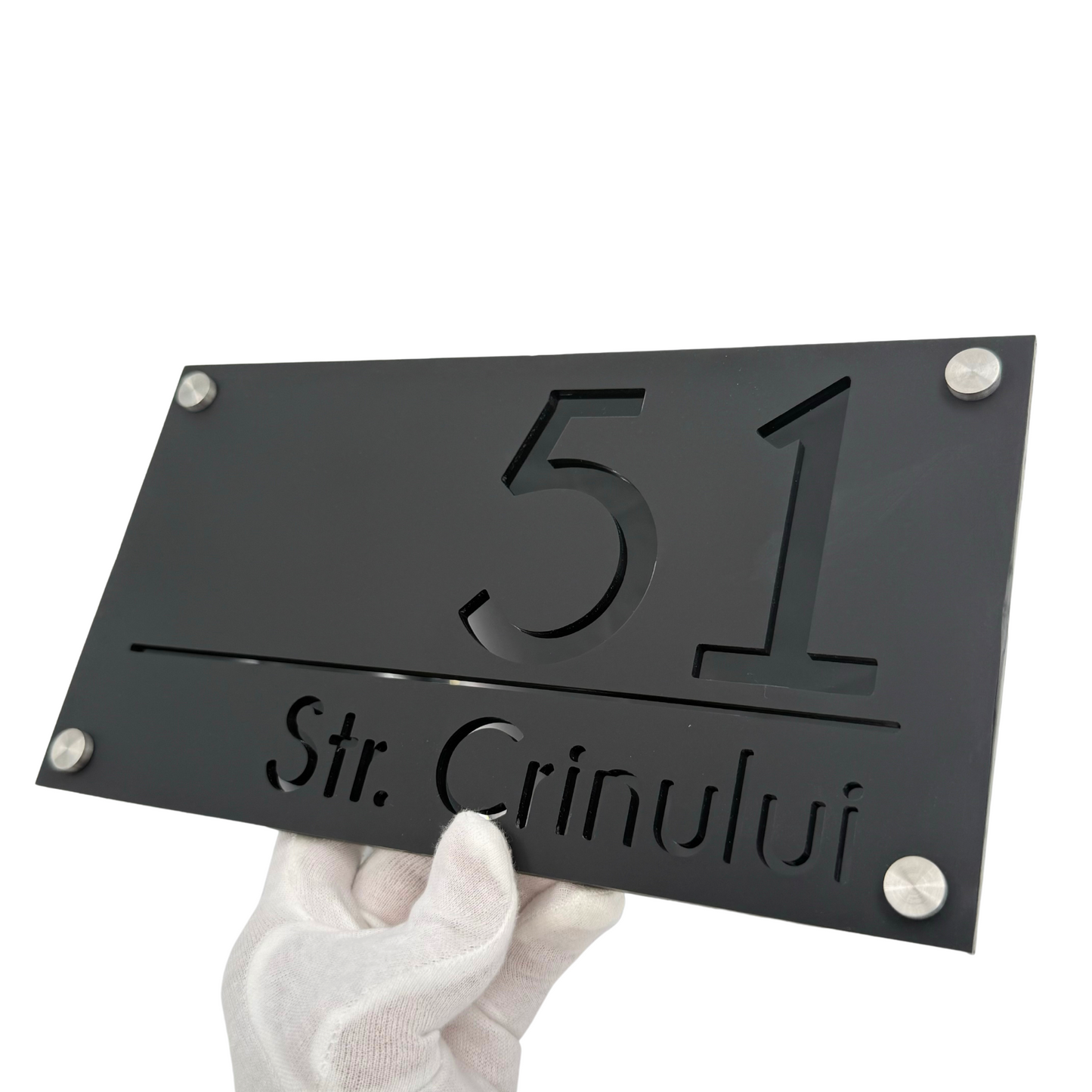 PREMIUM HOUSE NUMBER - Satin Black Glossy Black 4 Spacers Silver - 28×15 cm