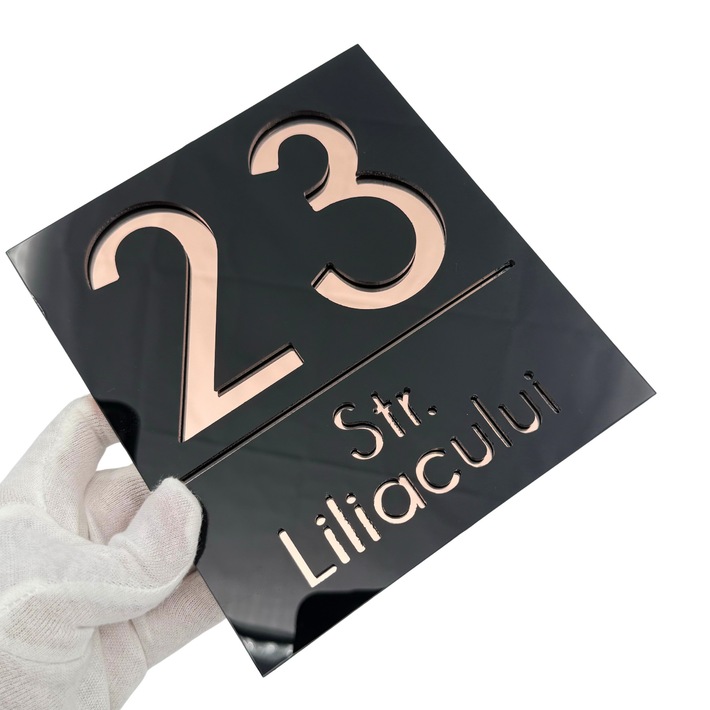 PREMIUM HOUSE NUMBER - Glossy Black Rose Gold Mirror - 18×16 cm
