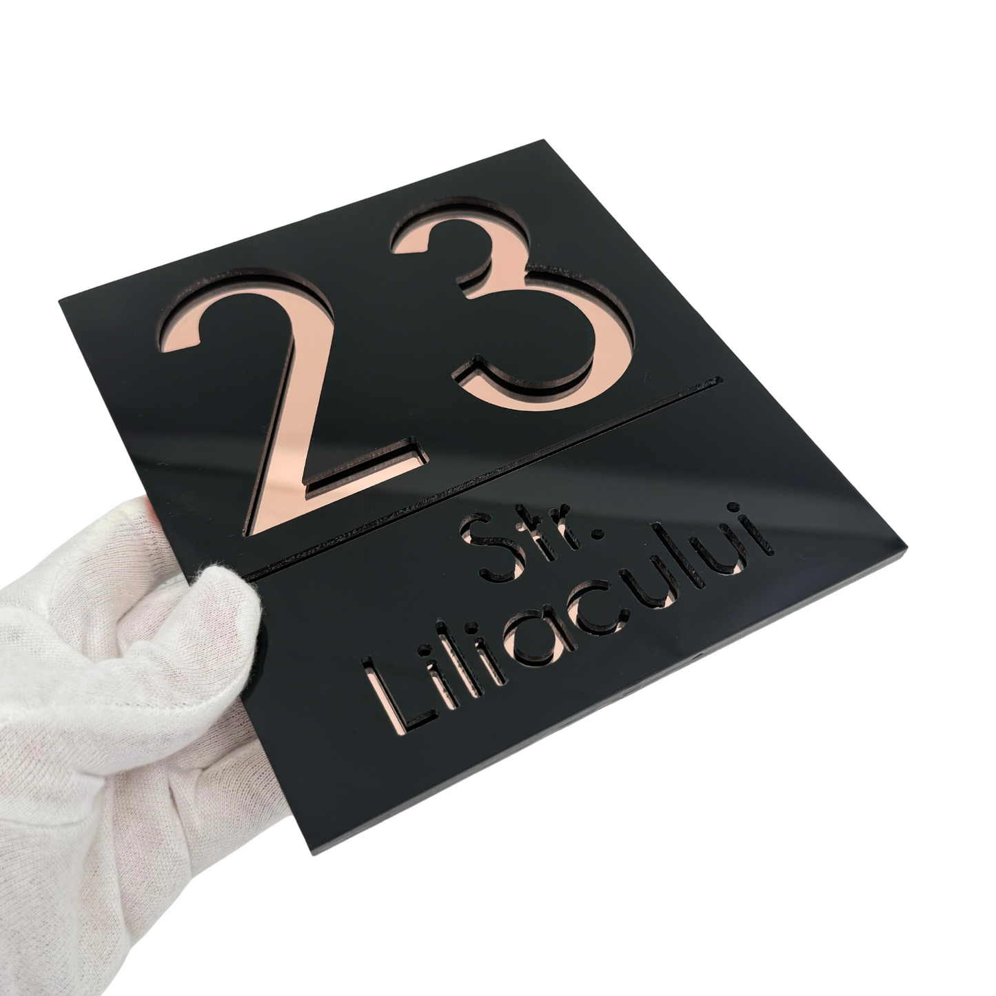 PREMIUM HOUSE NUMBER - Glossy Black Rose Gold Mirror - 18×16 cm