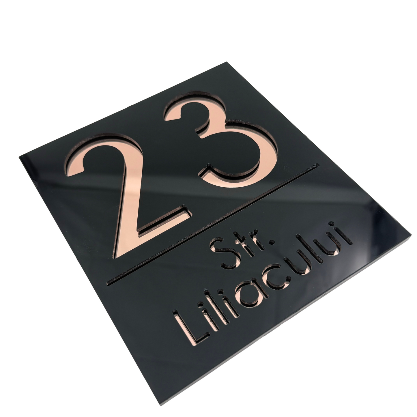PREMIUM HOUSE NUMBER - Glossy Black Rose Gold Mirror - 18×16 cm