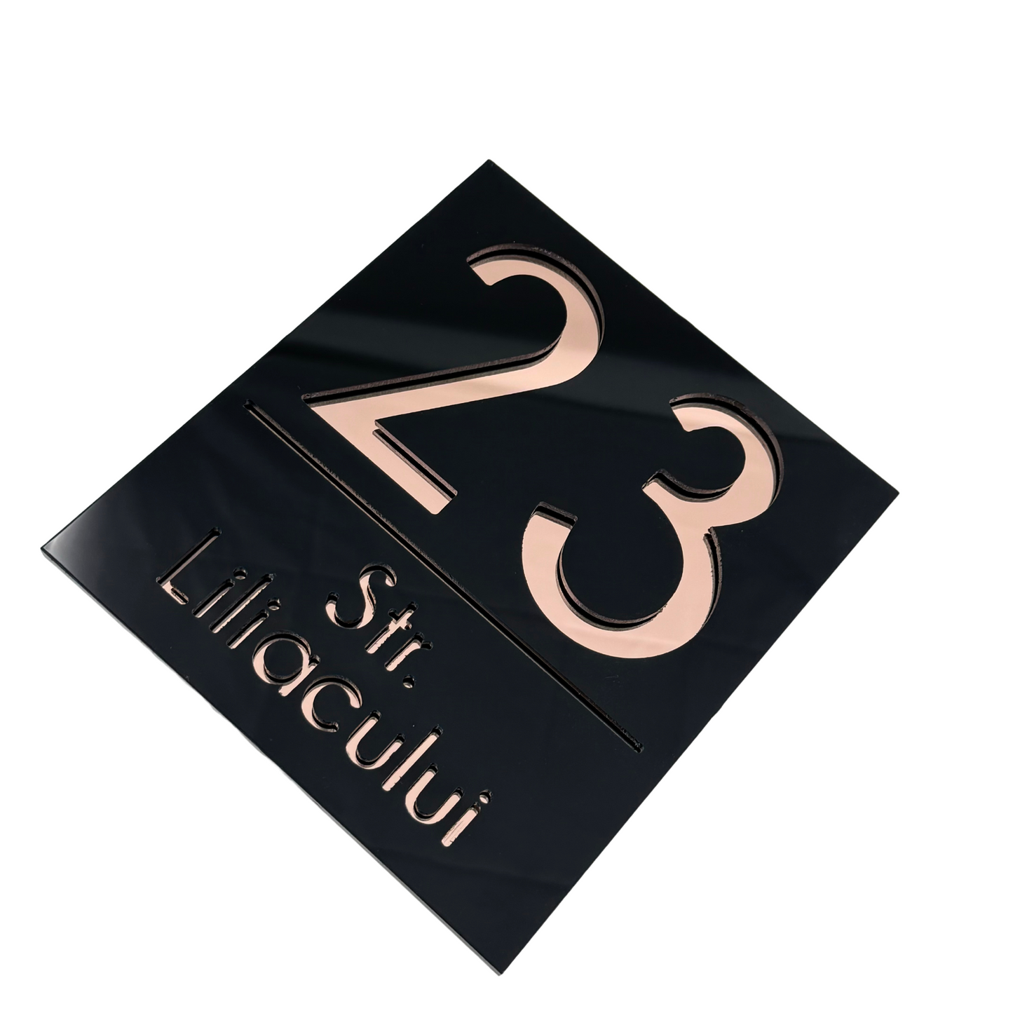 PREMIUM HOUSE NUMBER - Glossy Black Rose Gold Mirror - 18×16 cm