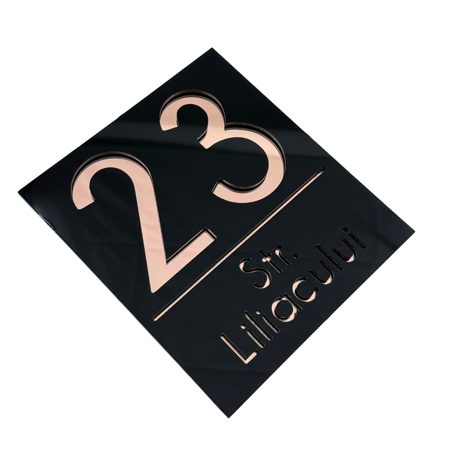 PREMIUM HOUSE NUMBER - Glossy Black Rose Gold Mirror - 18×16 cm