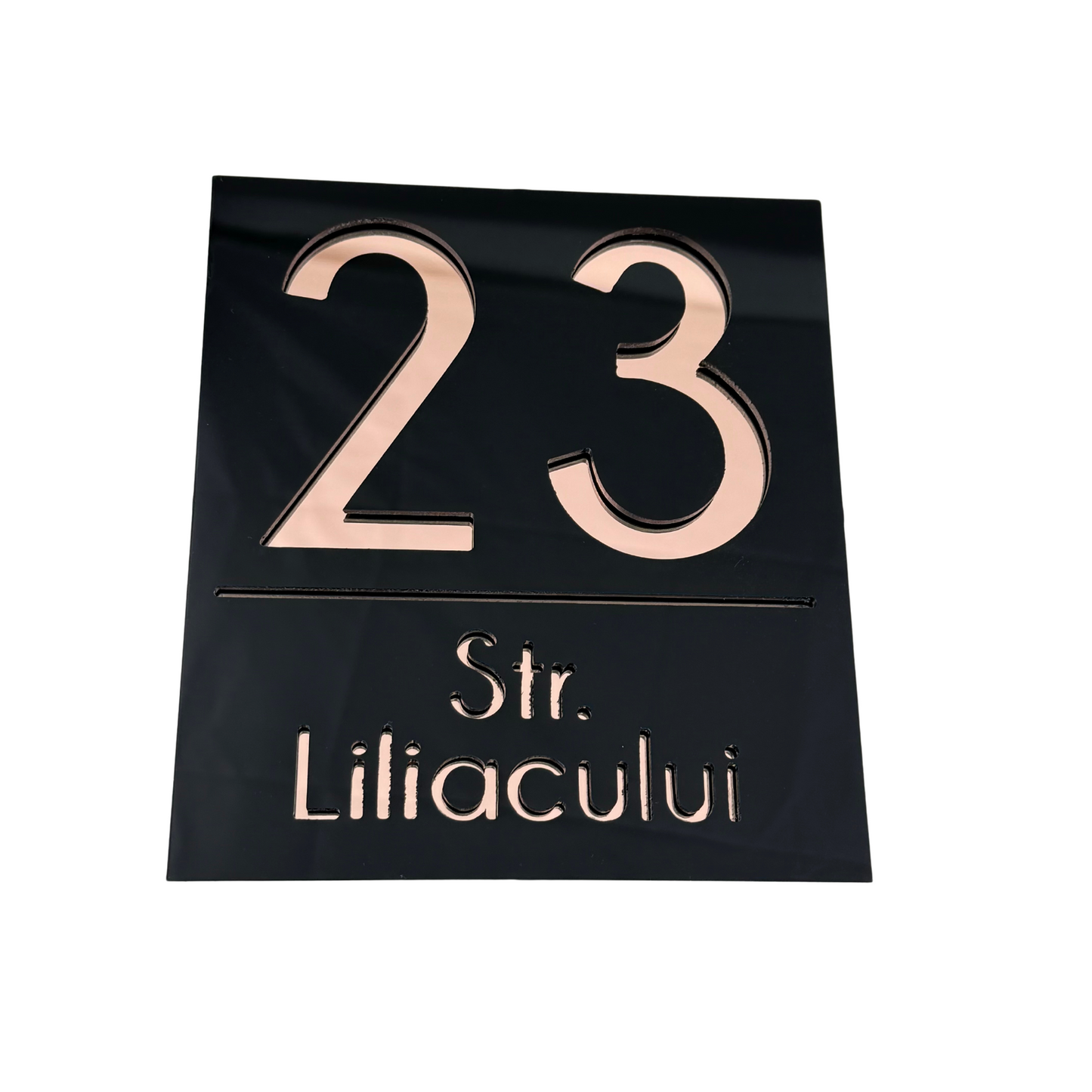 PREMIUM HOUSE NUMBER - Glossy Black Rose Gold Mirror - 18×16 cm