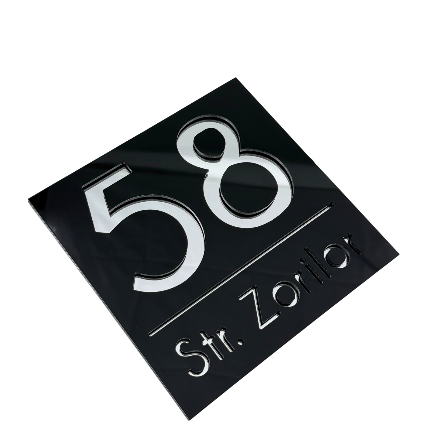 PREMIUM HOUSE NUMBER - Glossy Black Silver Mirror - 17×17 cm