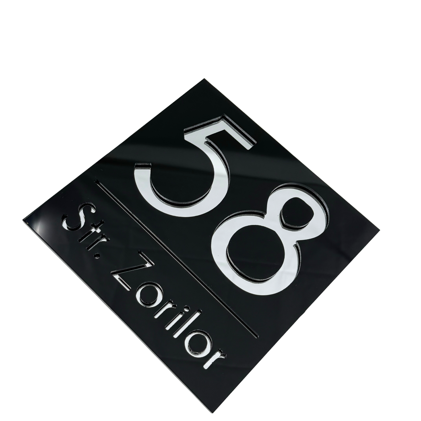 PREMIUM HOUSE NUMBER - Glossy Black Silver Mirror - 17×17 cm