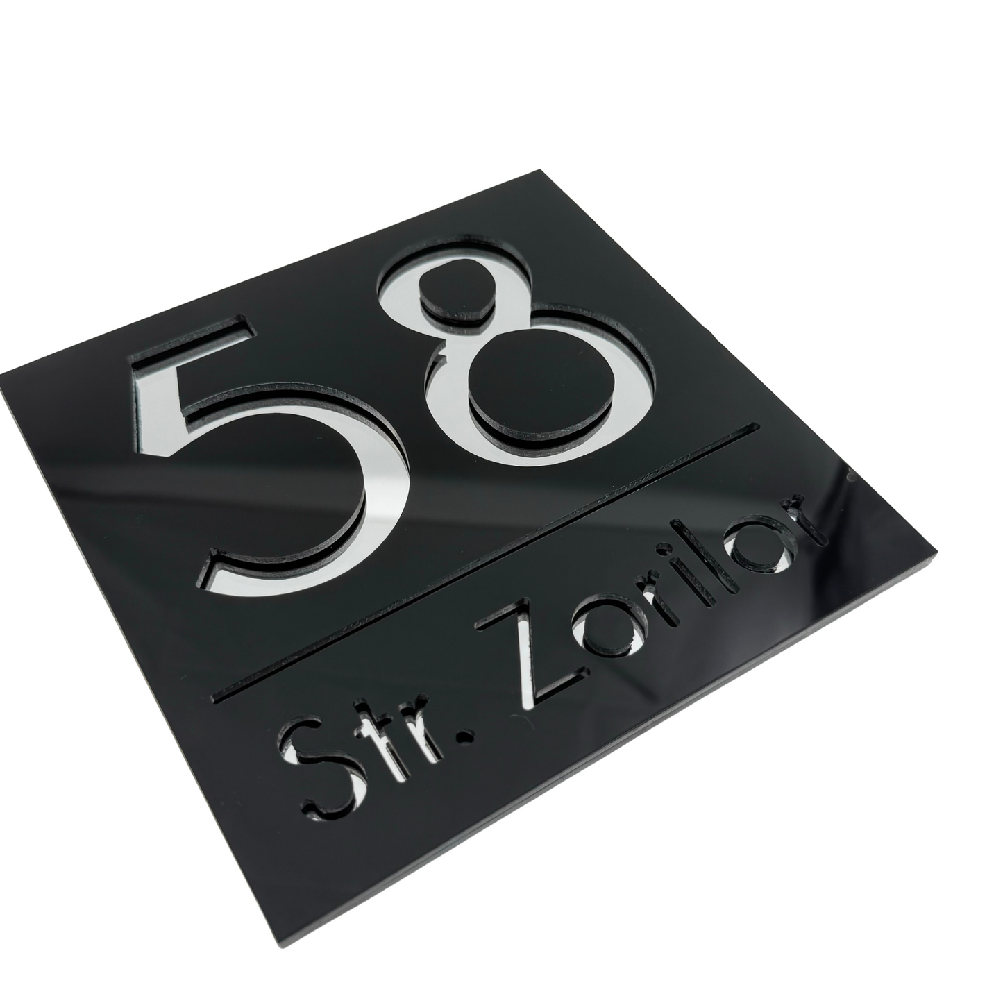 PREMIUM HOUSE NUMBER - Glossy Black Silver Mirror - 17×17 cm
