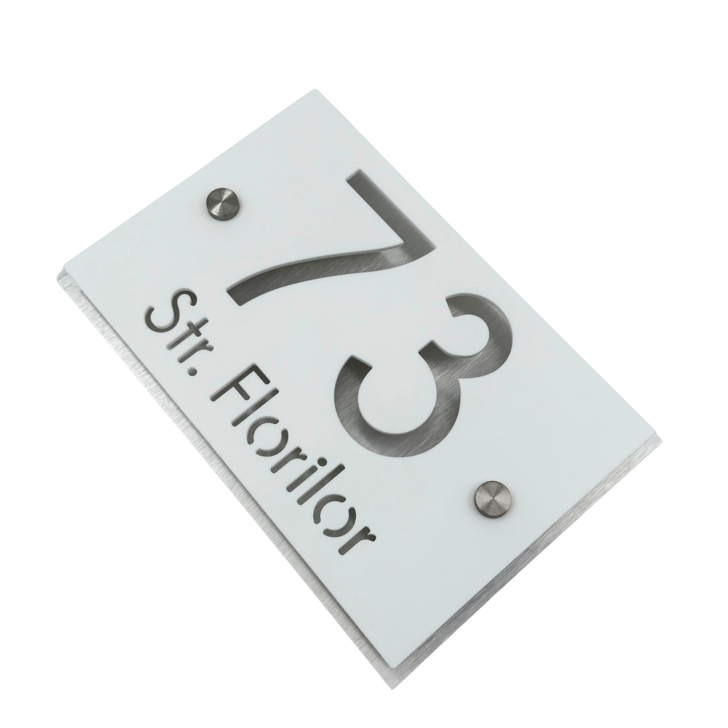 PREMIUM HOUSE NUMBER - White Satin Aluminium Gold Mirror 2 Spacers Silver - 20×13 cm