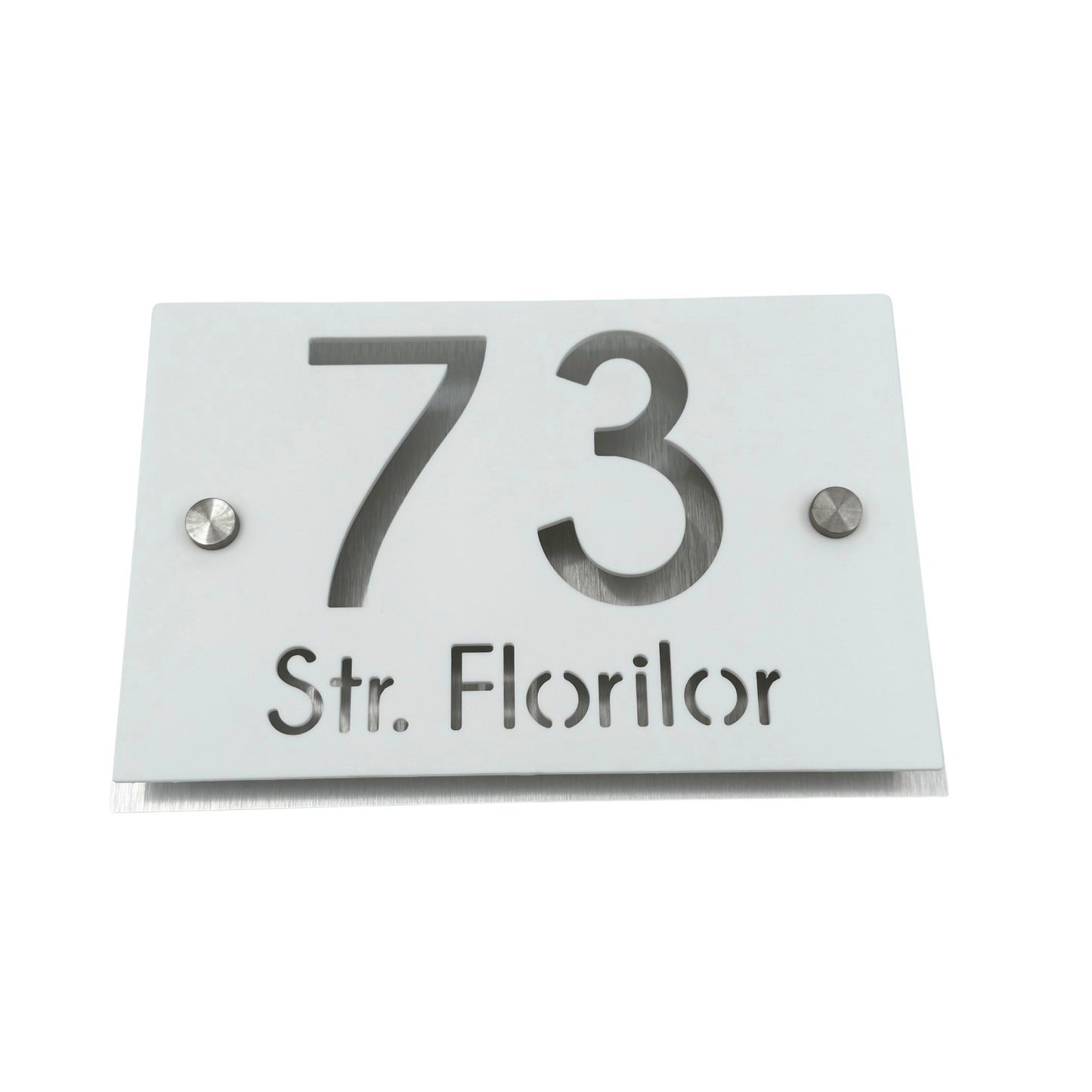 PREMIUM HOUSE NUMBER - White Satin Aluminium Gold Mirror 2 Spacers Silver - 20×13 cm