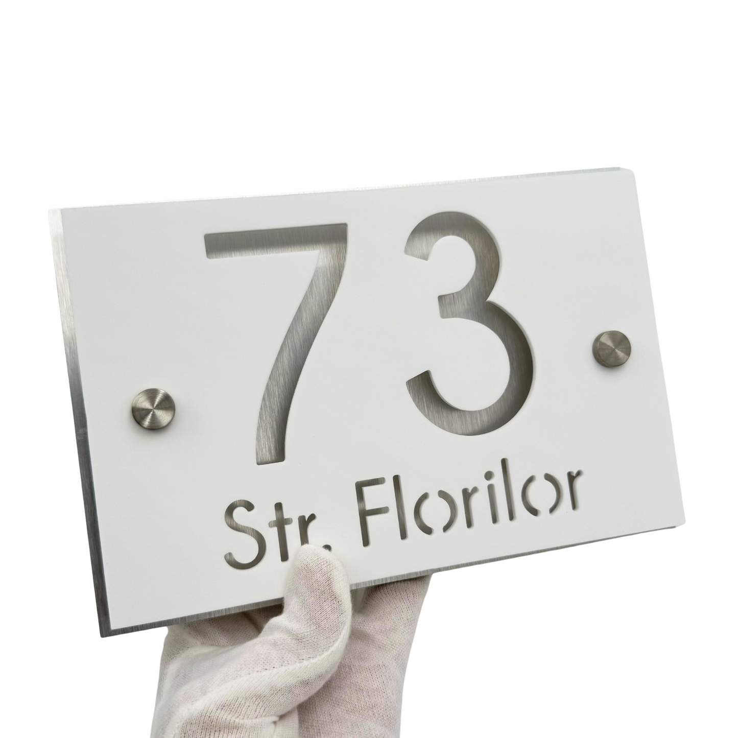 PREMIUM HOUSE NUMBER - White Satin Aluminium Gold Mirror 2 Spacers Silver - 20×13 cm