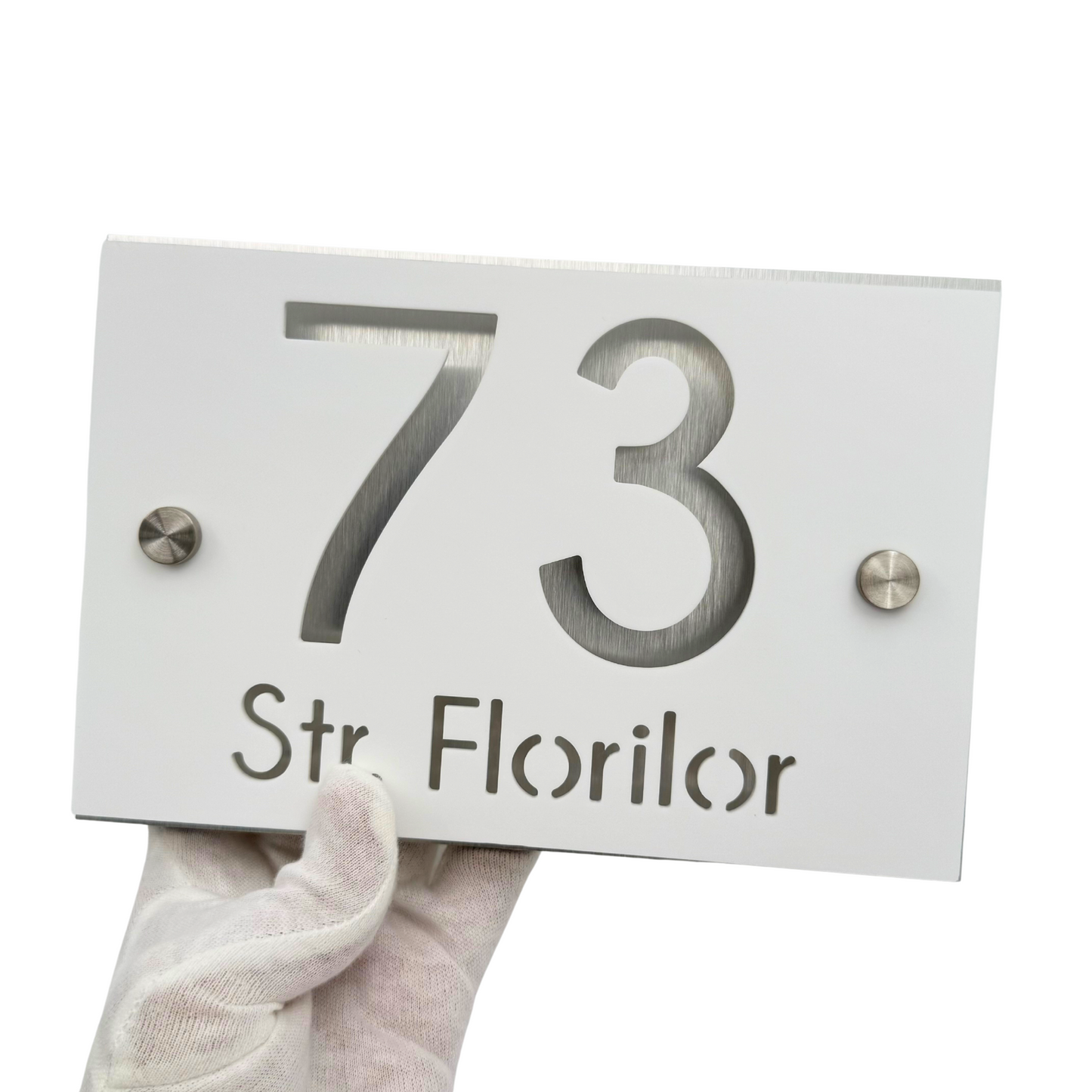 PREMIUM HOUSE NUMBER - White Satin Aluminium Gold Mirror 2 Spacers Silver - 20×13 cm