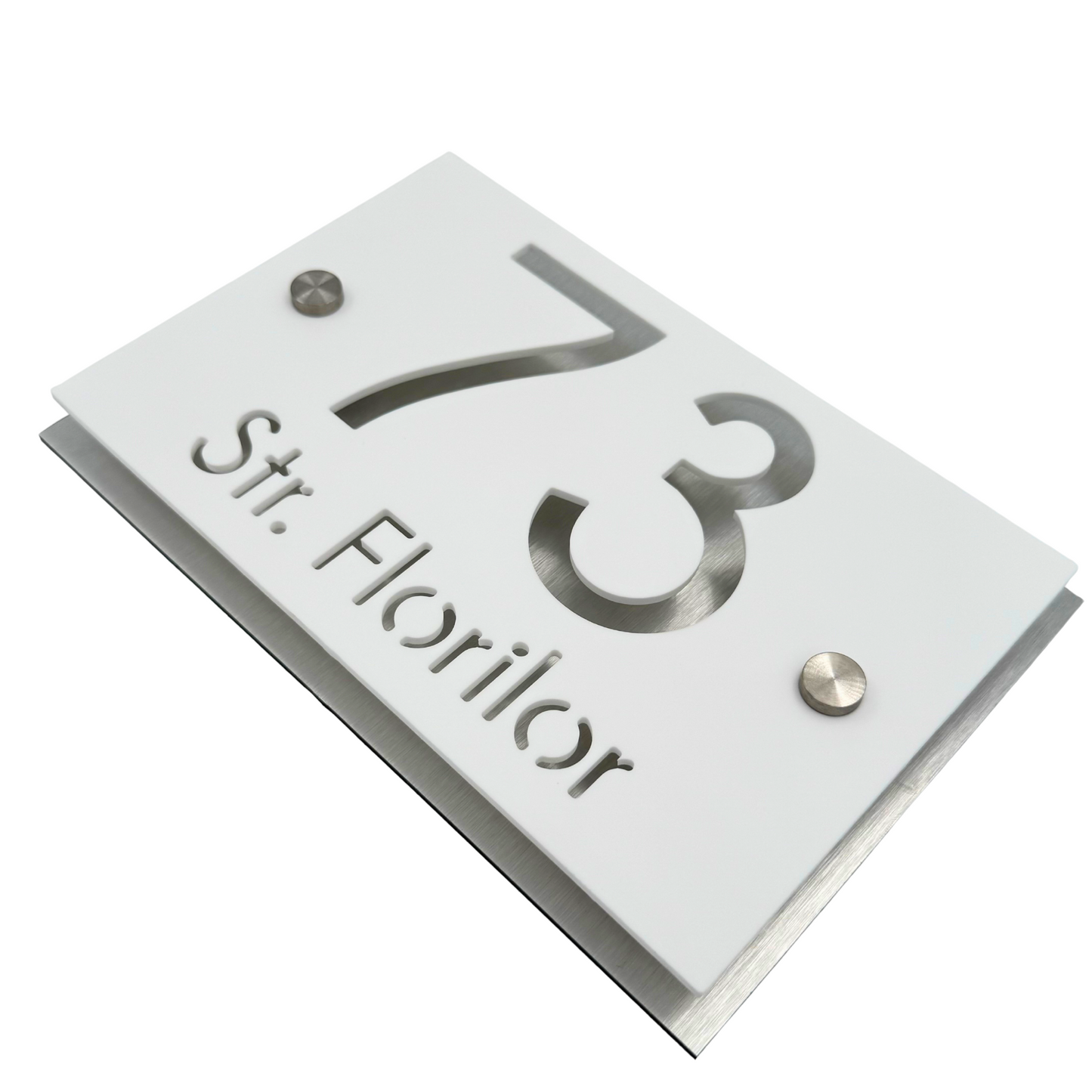 PREMIUM HOUSE NUMBER - White Satin Aluminium Gold Mirror 2 Spacers Silver - 20×13 cm