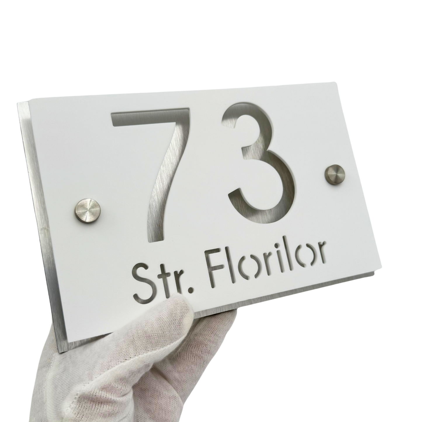 PREMIUM HOUSE NUMBER - White Satin Aluminium Gold Mirror 2 Spacers Silver - 20×13 cm