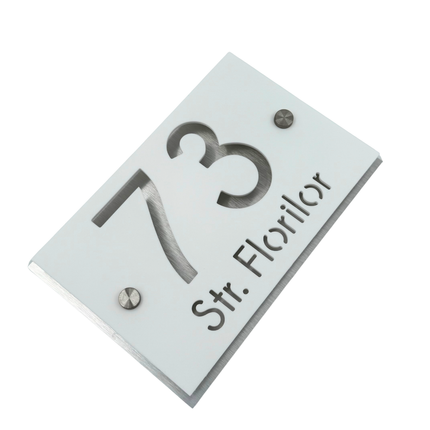 PREMIUM HOUSE NUMBER - White Satin Aluminium Gold Mirror 2 Spacers Silver - 20×13 cm