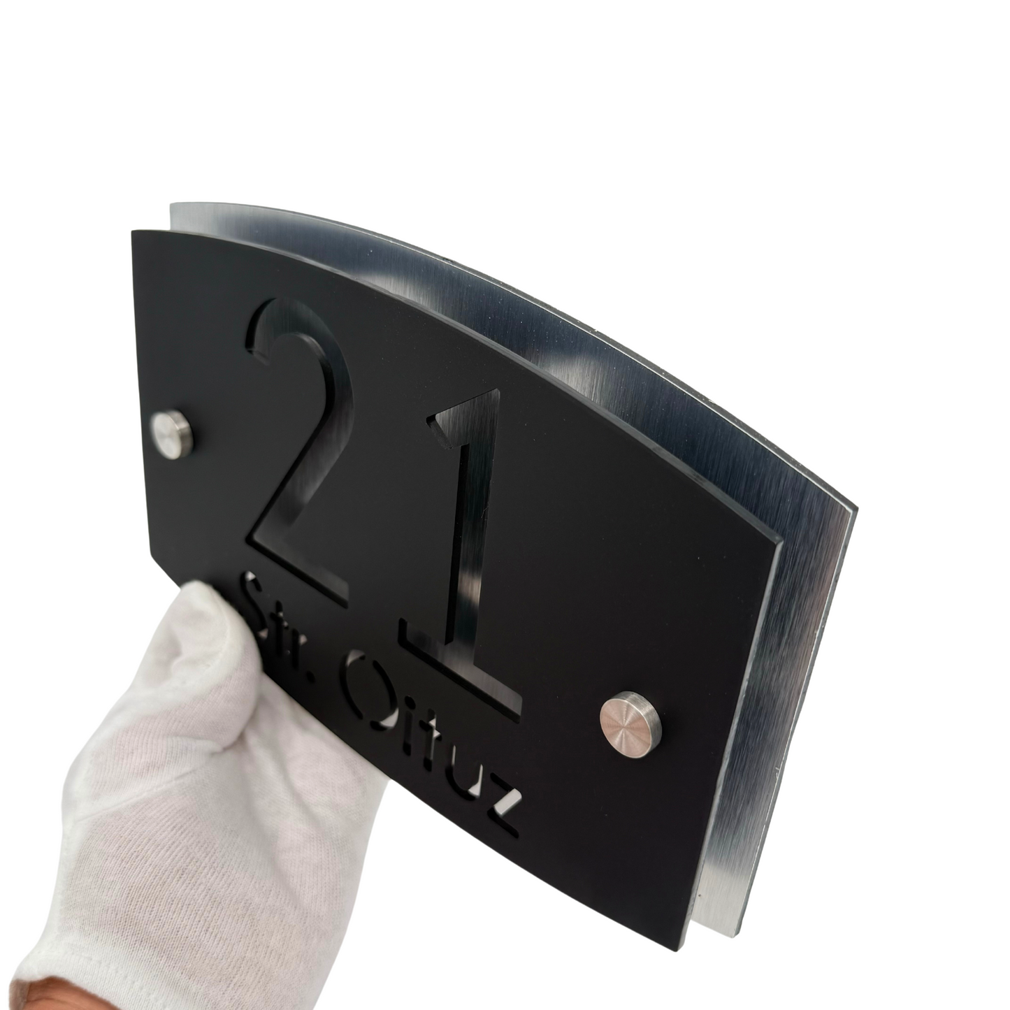 PREMIUM HOUSE NUMBER - Satin Black Aluminium Pearly 2 Spacers Silver - 20×13 cm