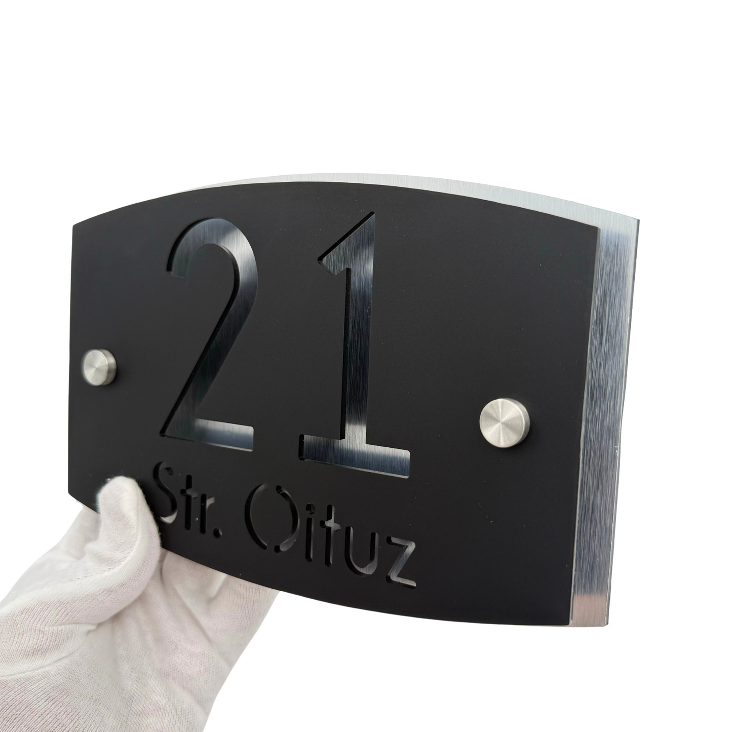 PREMIUM HOUSE NUMBER - Satin Black Aluminium Pearly 2 Spacers Silver - 20×13 cm