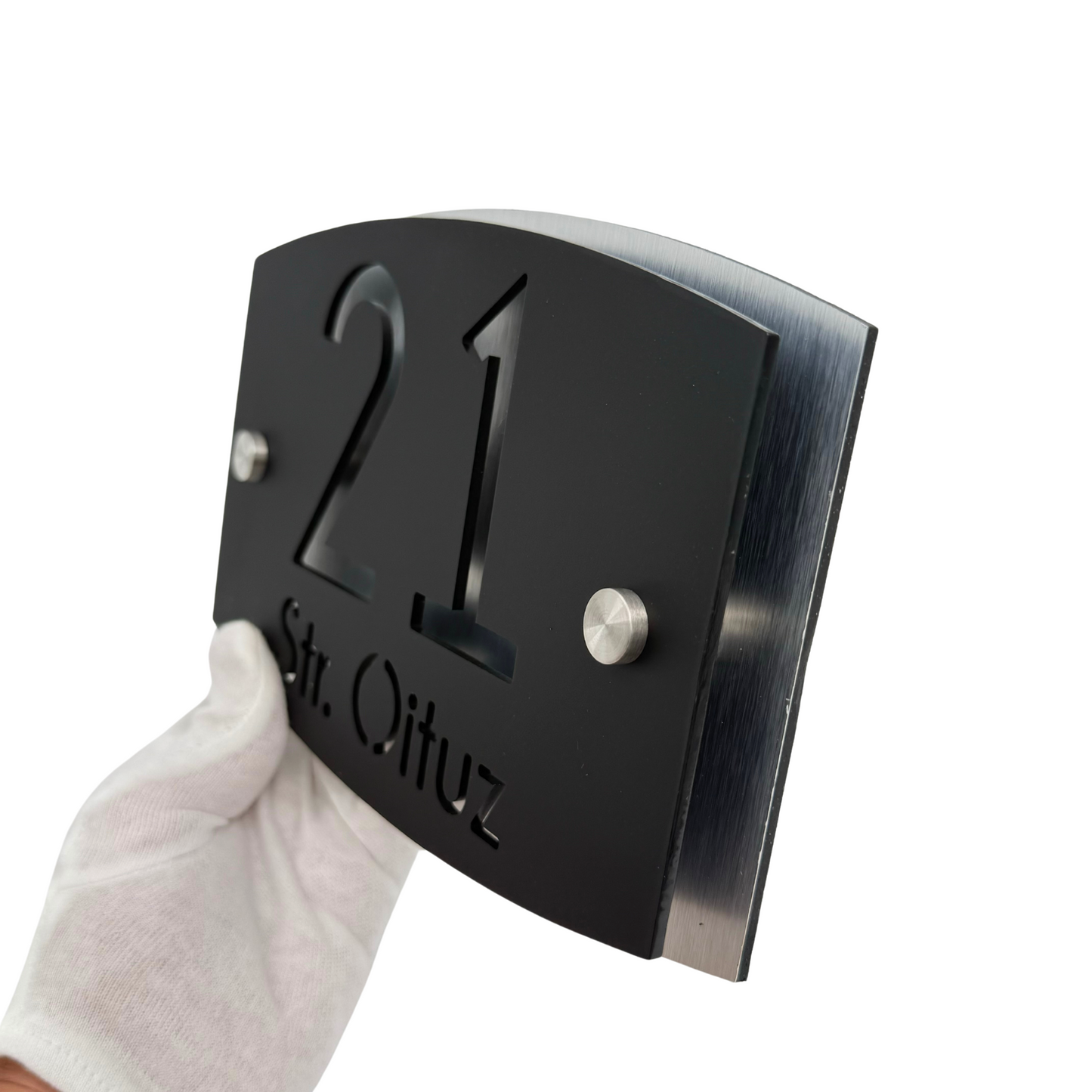 PREMIUM HOUSE NUMBER - Satin Black Aluminium Pearly 2 Spacers Silver - 20×13 cm