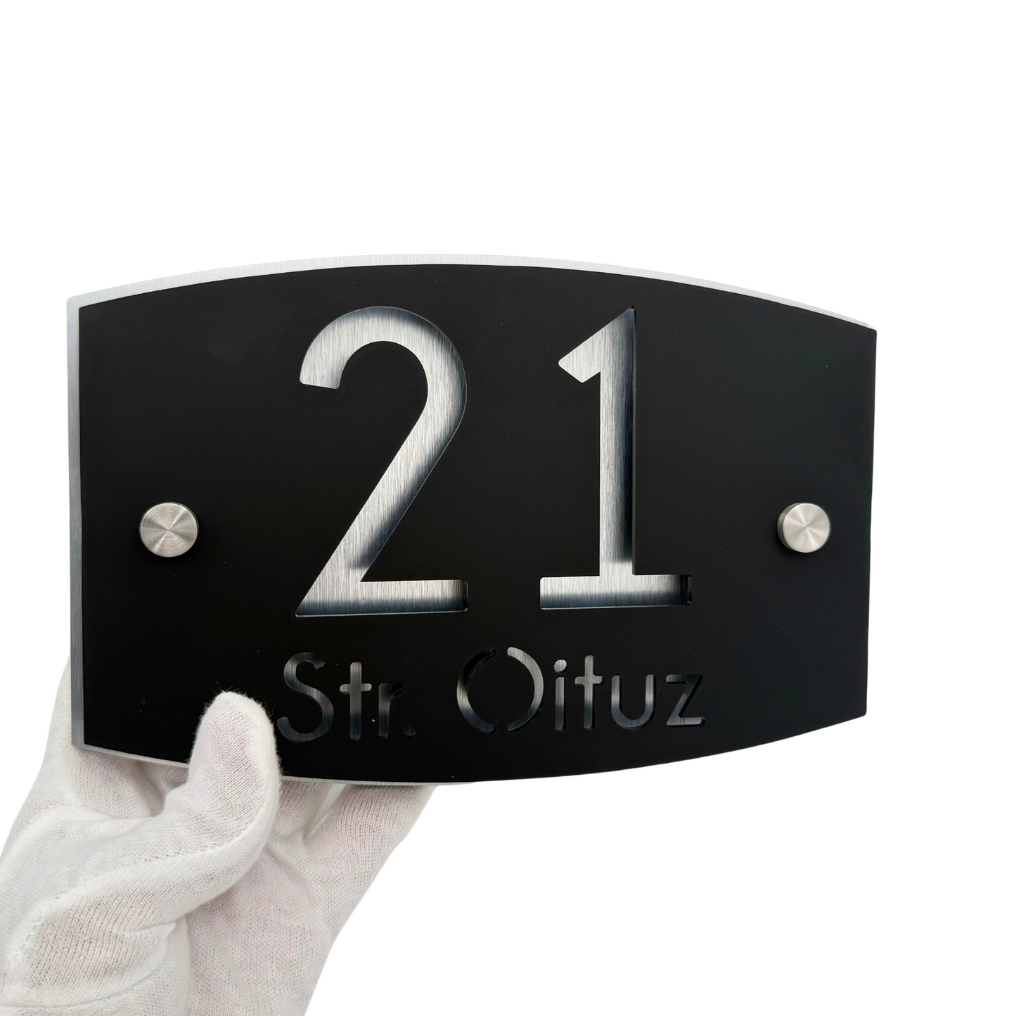 PREMIUM HOUSE NUMBER - Satin Black Aluminium Pearly 2 Spacers Silver - 20×13 cm
