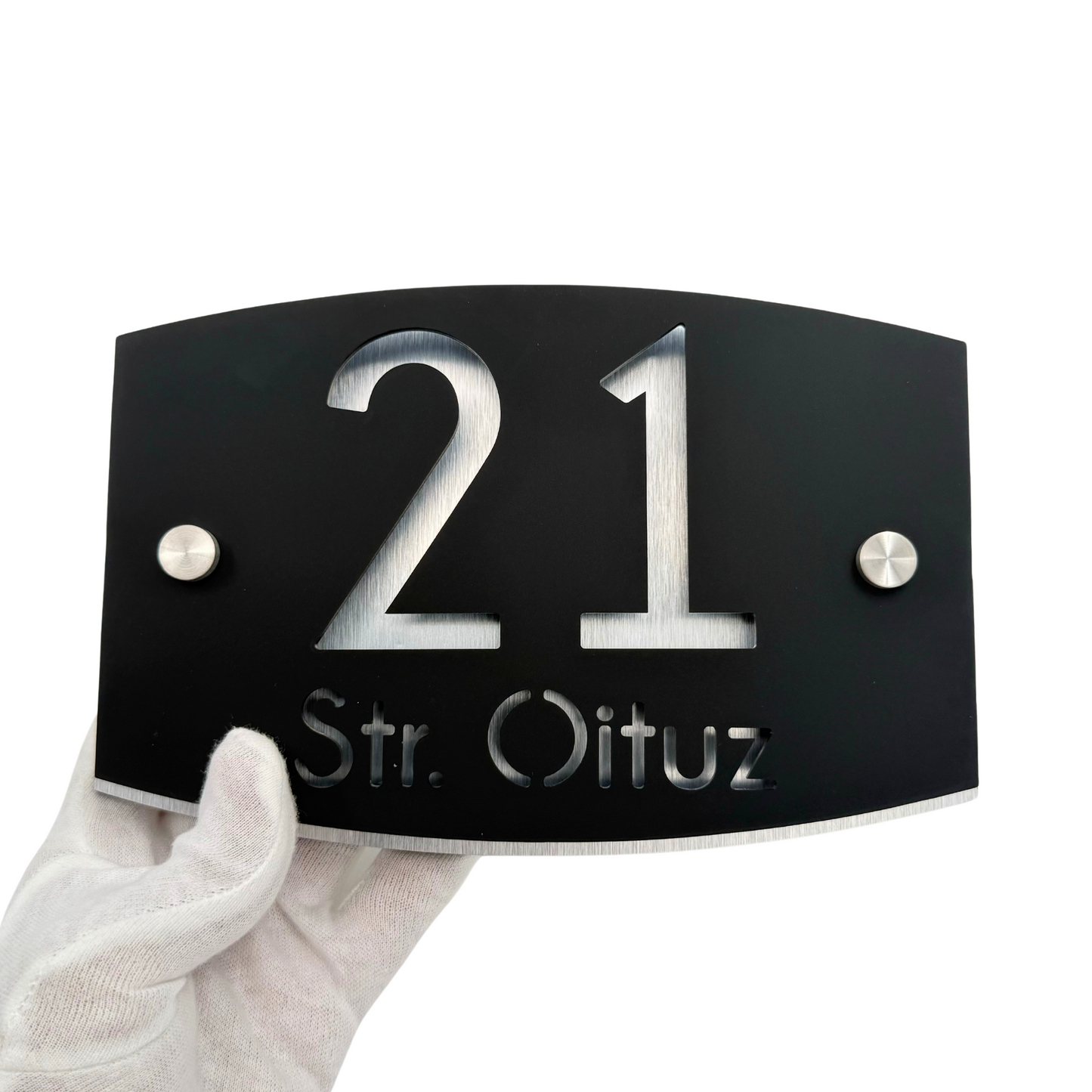 PREMIUM HOUSE NUMBER - Satin Black Aluminium Pearly 2 Spacers Silver - 20×13 cm