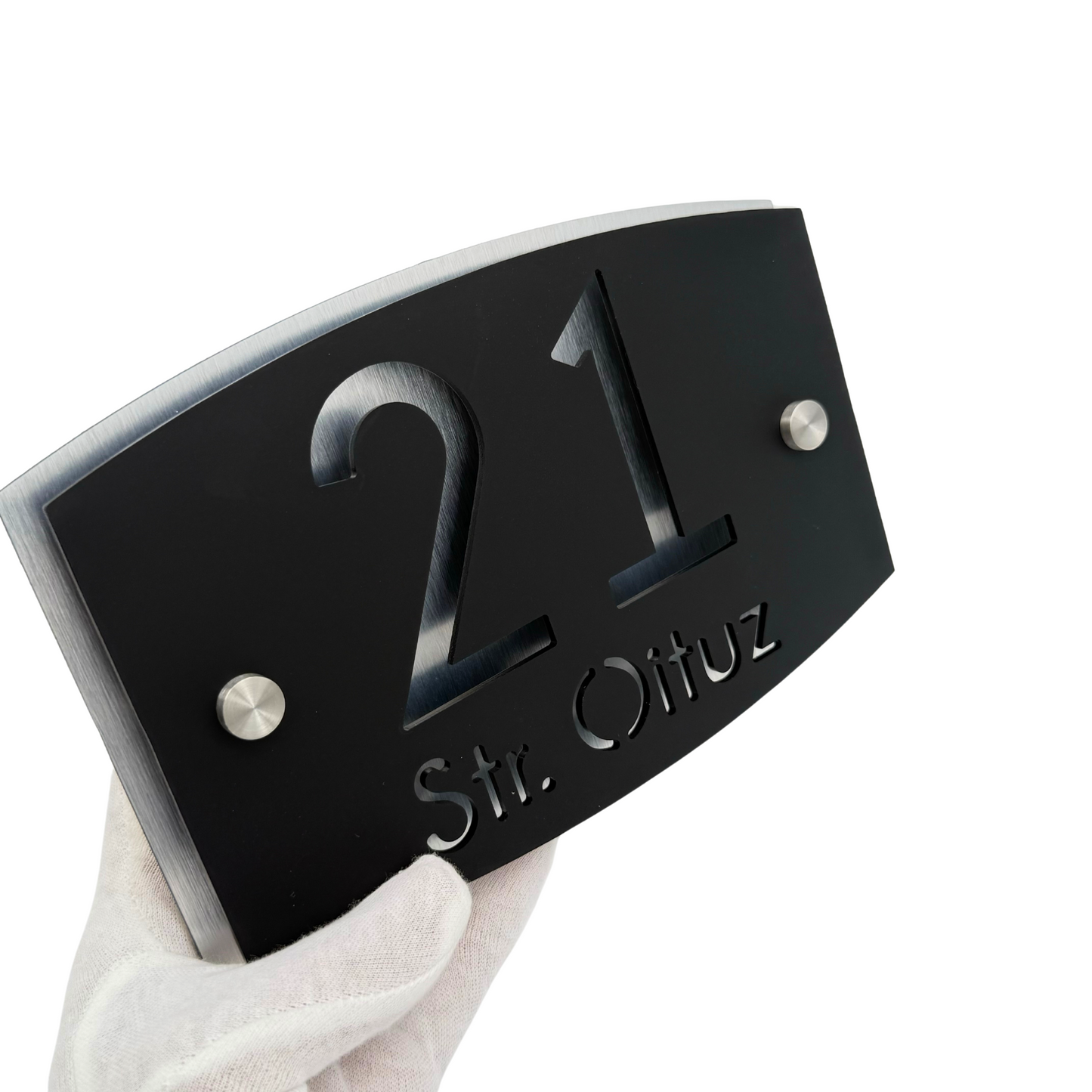 PREMIUM HOUSE NUMBER - Satin Black Aluminium Pearly 2 Spacers Silver - 20×13 cm
