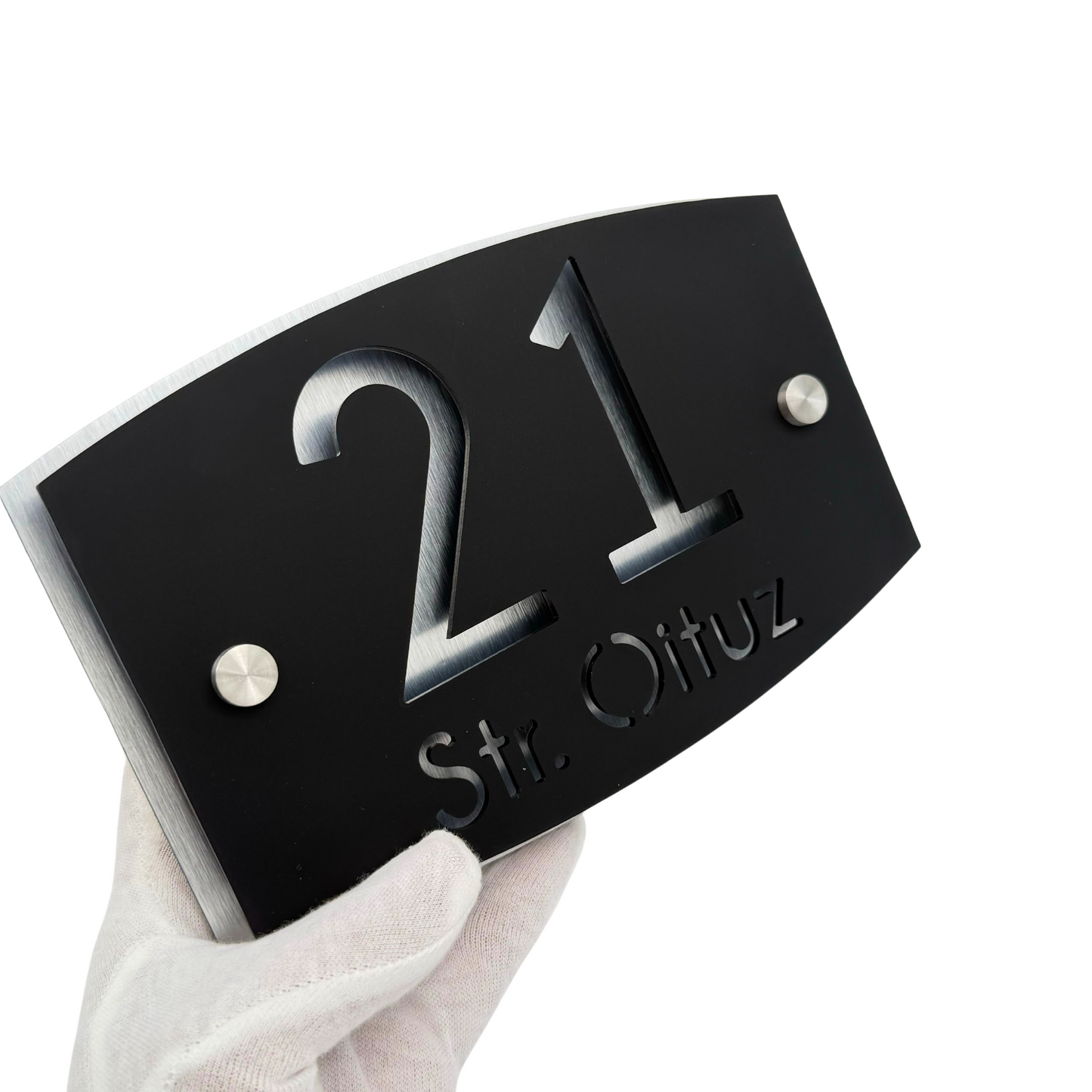 PREMIUM HOUSE NUMBER - Satin Black Aluminium Pearly 2 Spacers Silver - 20×13 cm