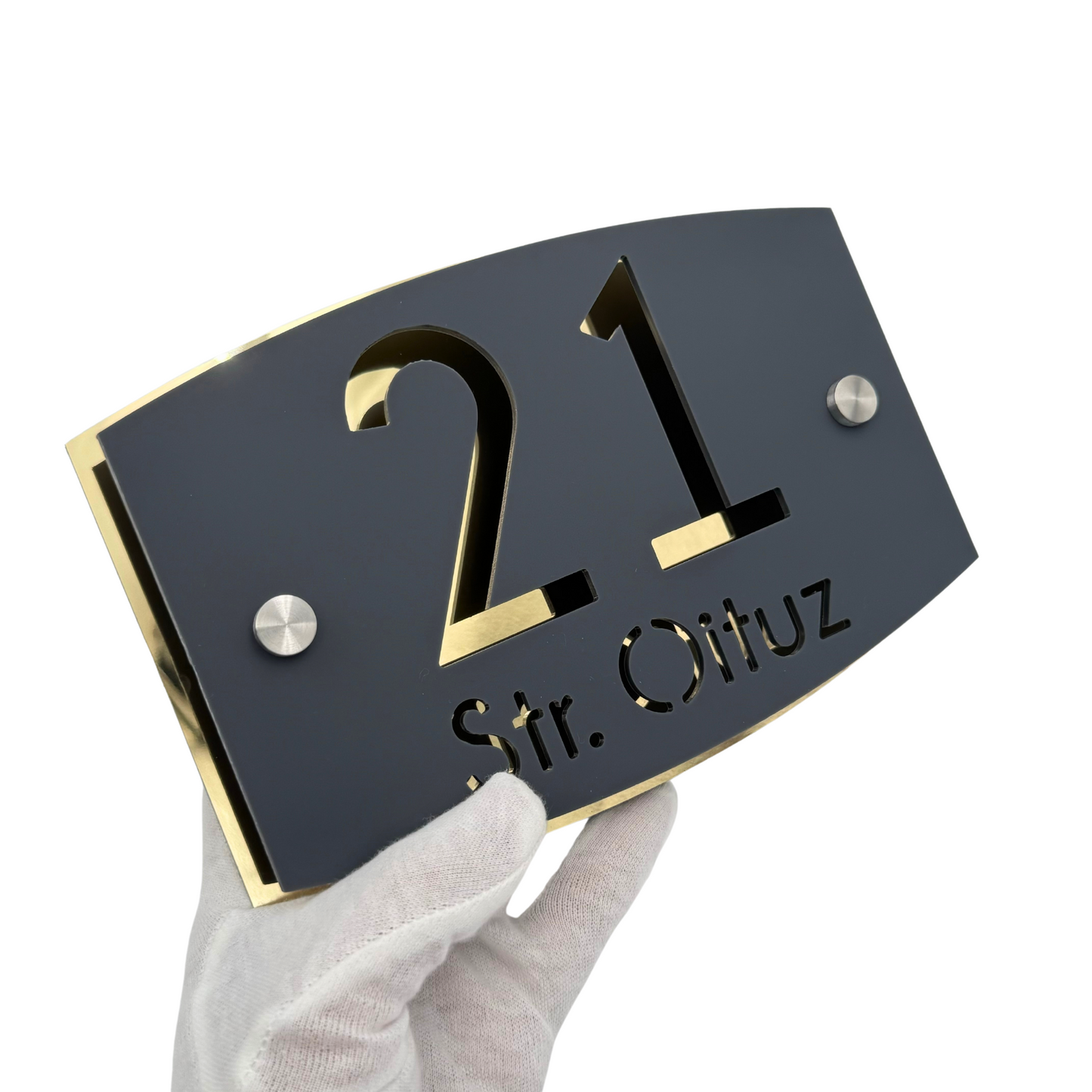 PREMIUM HOUSE NUMBER - Satin Grey Aluminium Gold Mirror 2 Spacers Silver - 20×13 cm