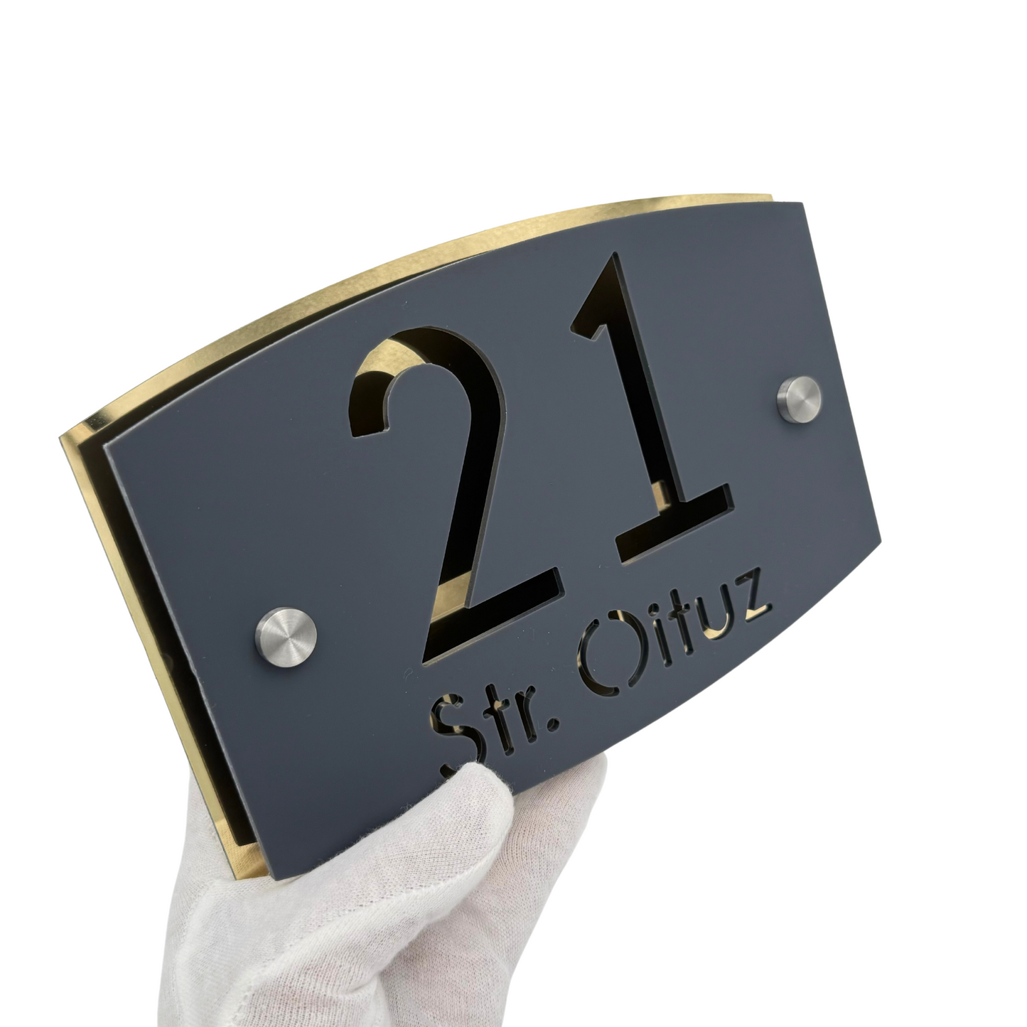 PREMIUM HOUSE NUMBER - Satin Grey Aluminium Gold Mirror 2 Spacers Silver - 20×13 cm