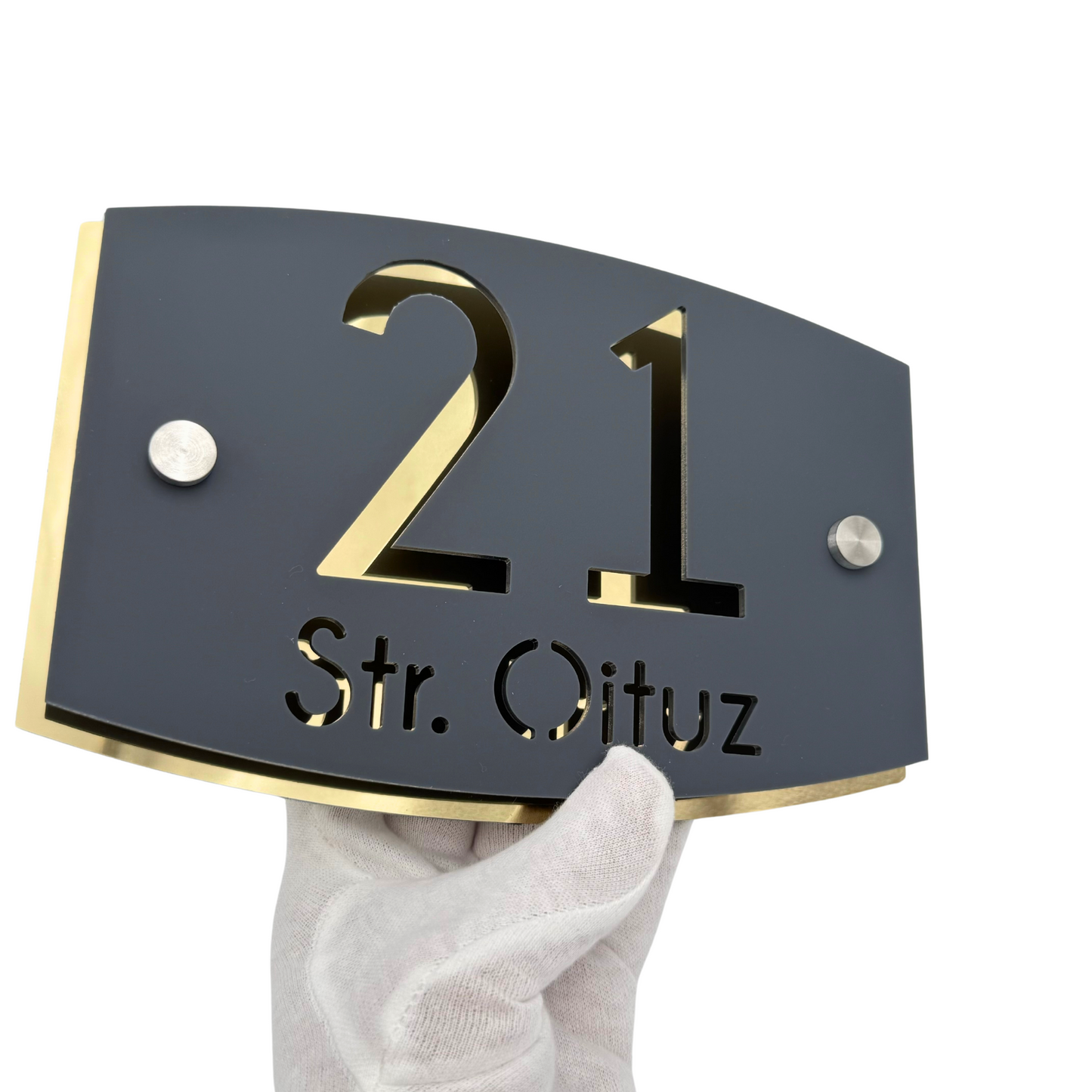 PREMIUM HOUSE NUMBER - Satin Grey Aluminium Gold Mirror 2 Spacers Silver - 20×13 cm