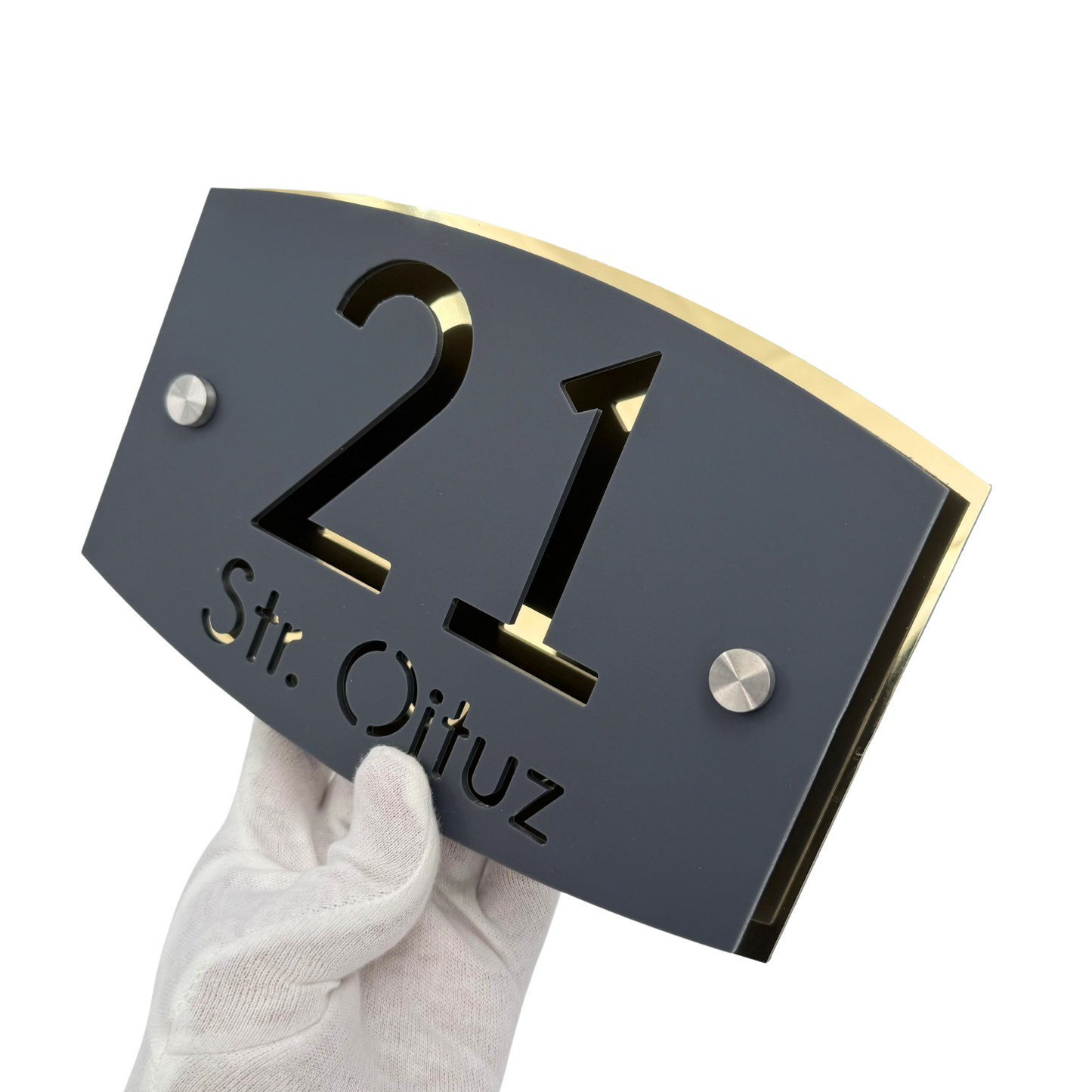 PREMIUM HOUSE NUMBER - Satin Grey Aluminium Gold Mirror 2 Spacers Silver - 20×13 cm
