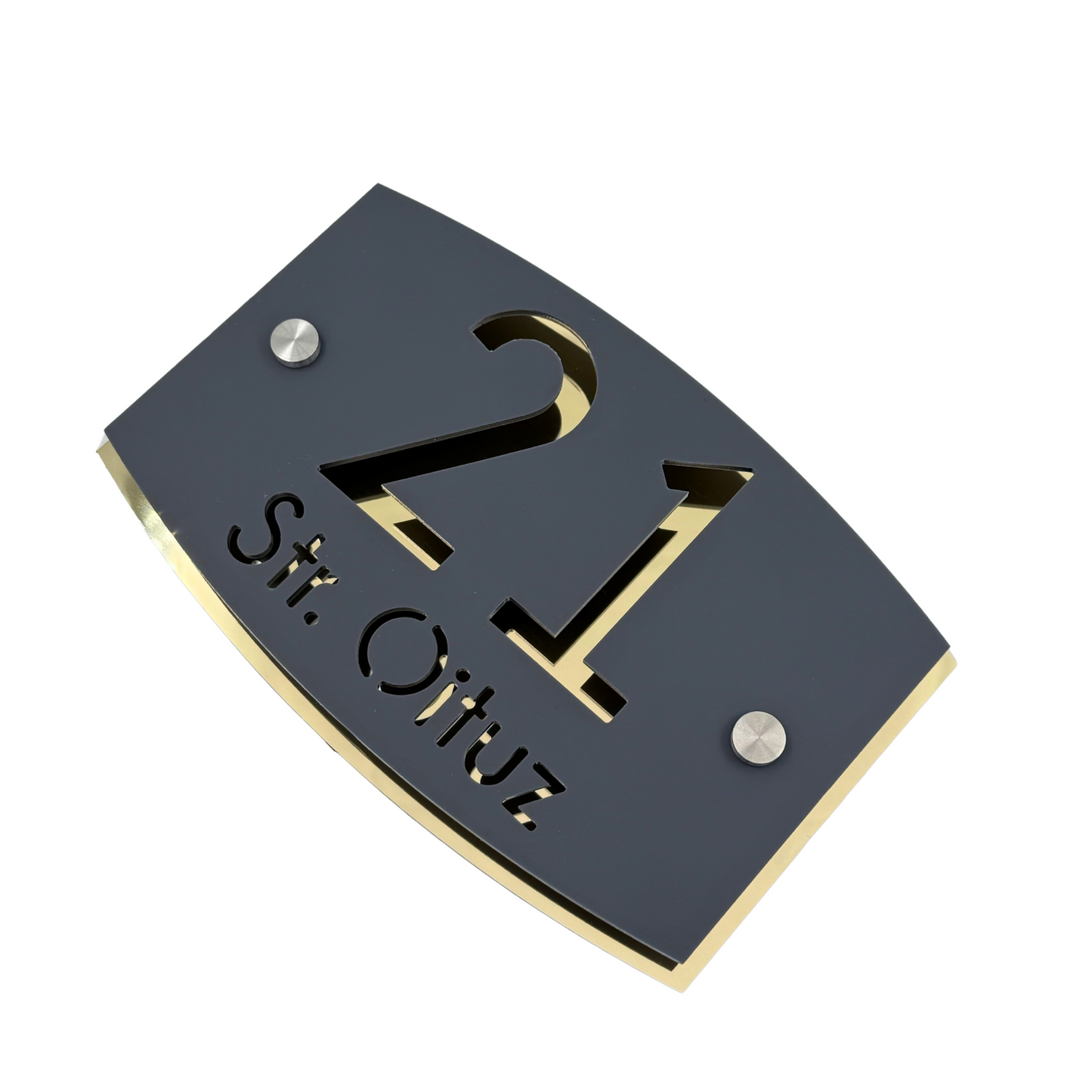 PREMIUM HOUSE NUMBER - Satin Grey Aluminium Gold Mirror 2 Spacers Silver - 20×13 cm